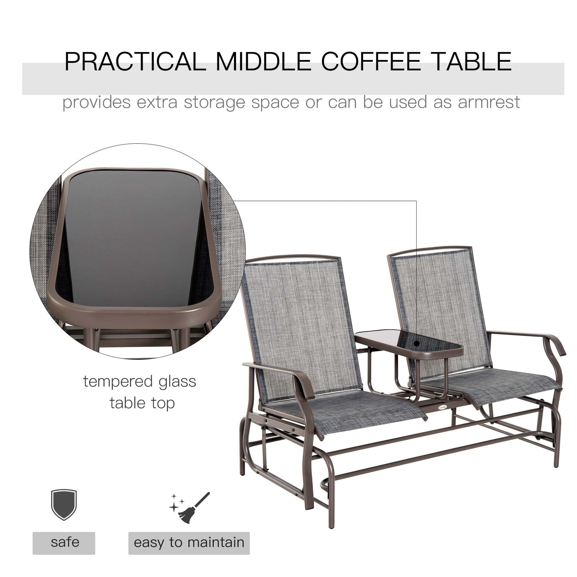 Outdoor Glider Bench with Table, Patio Loveseat for 2 Persons, Garden Glider Rocking Chair with Breathable Mesh Fabric, Grey