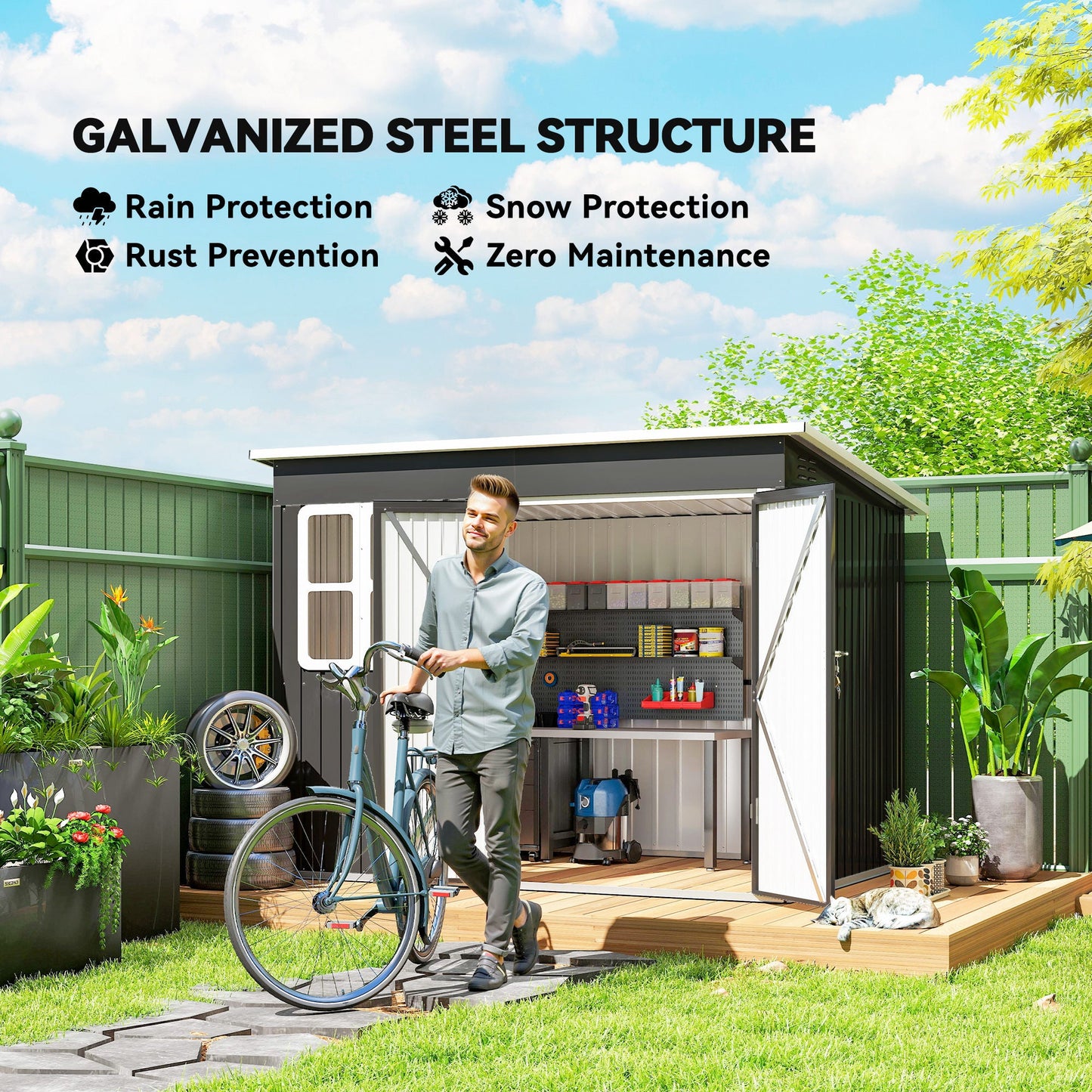 8.5' x 6' Outdoor Storage Shed, Galvanised Steel Garden Shed with Window, Lockable Wide Door and Air Vents for Outdoor Patio, Dark Grey