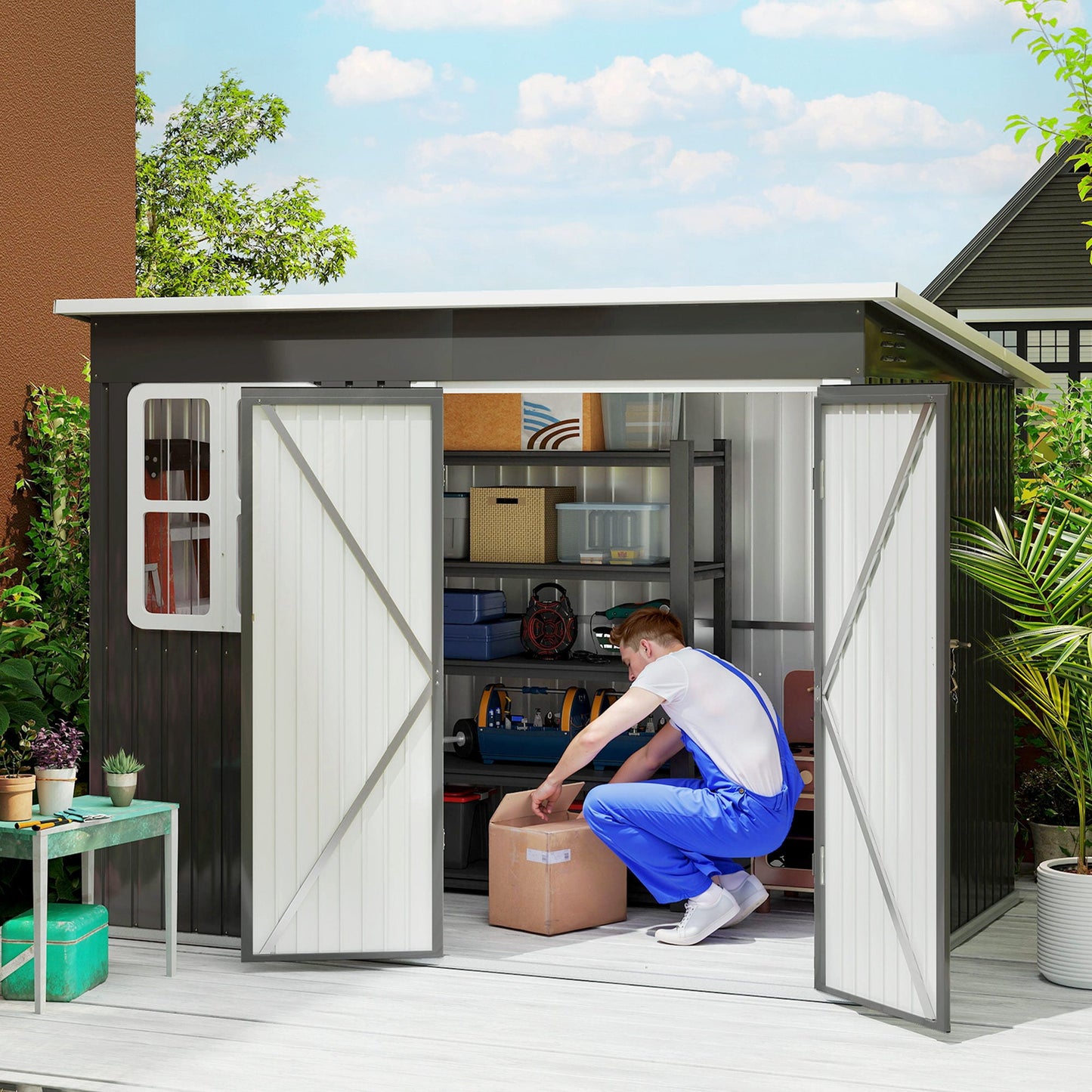 8.5' x 6' Outdoor Storage Shed, Galvanised Steel Garden Shed with Window, Lockable Wide Door and Air Vents for Outdoor Patio, Dark Grey