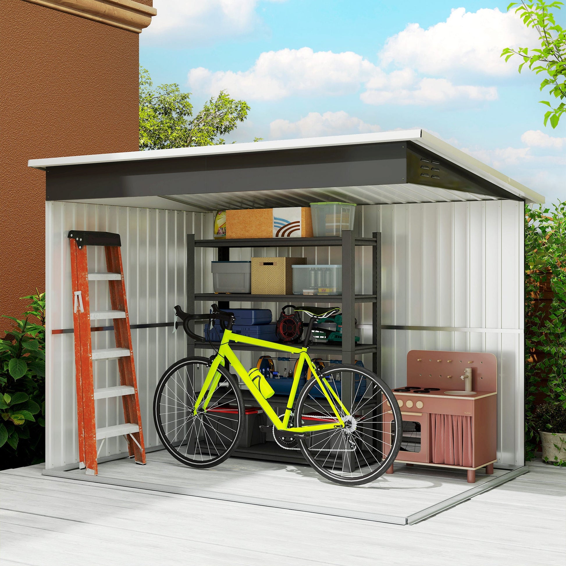 8.5' x 6' Outdoor Storage Shed, Galvanised Steel Garden Shed with Window, Lockable Wide Door and Air Vents for Outdoor Patio, Dark Grey