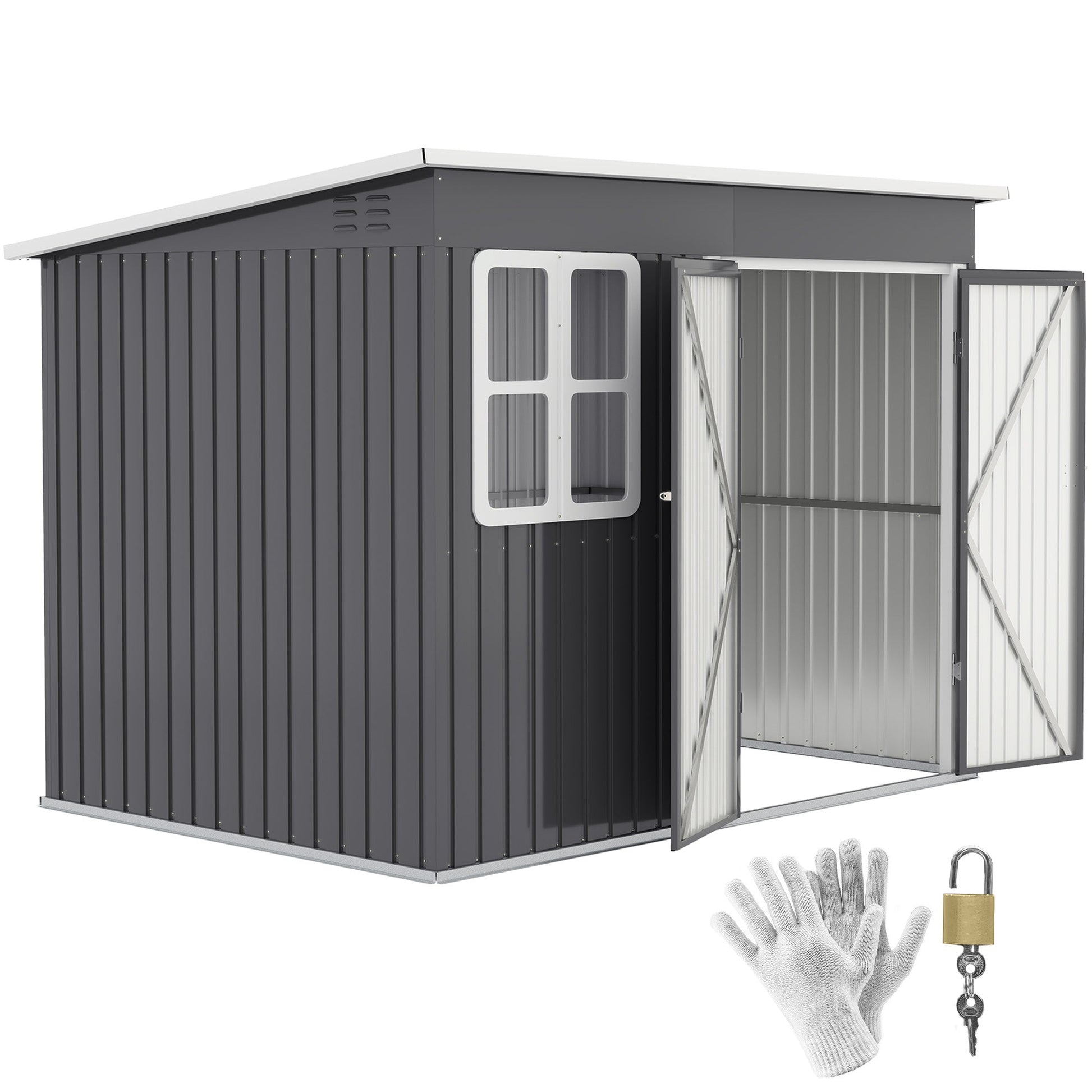 8.5' x 6' Outdoor Storage Shed, Galvanised Steel Garden Shed with Window, Lockable Wide Door and Air Vents for Outdoor Patio, Dark Grey