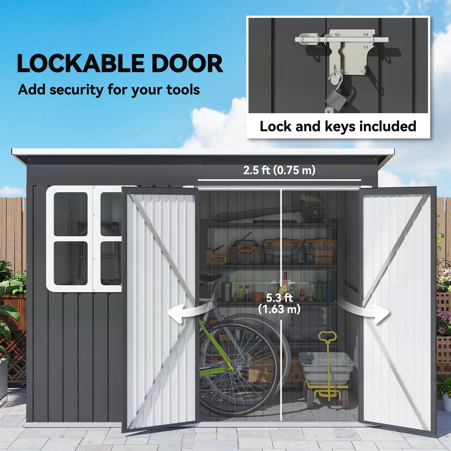 8.5' x 6' Outdoor Storage Shed, Galvanised Steel Garden Shed with Window, Lockable Wide Door and Air Vents for Outdoor Patio, Dark Grey
