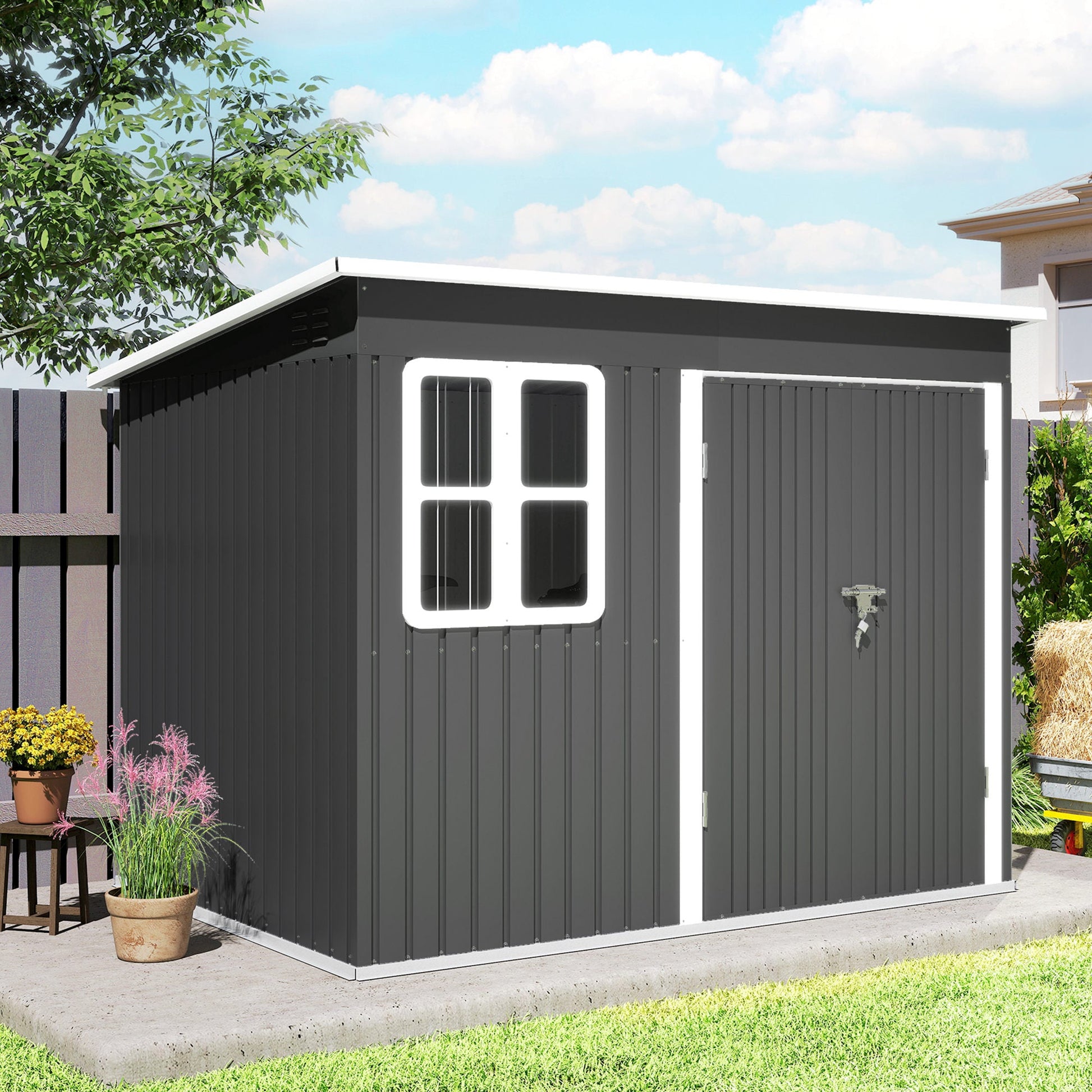 8.5' x 6' Outdoor Storage Shed, Galvanised Steel Garden Shed with Window, Lockable Wide Door and Air Vents for Outdoor Patio, Dark Grey