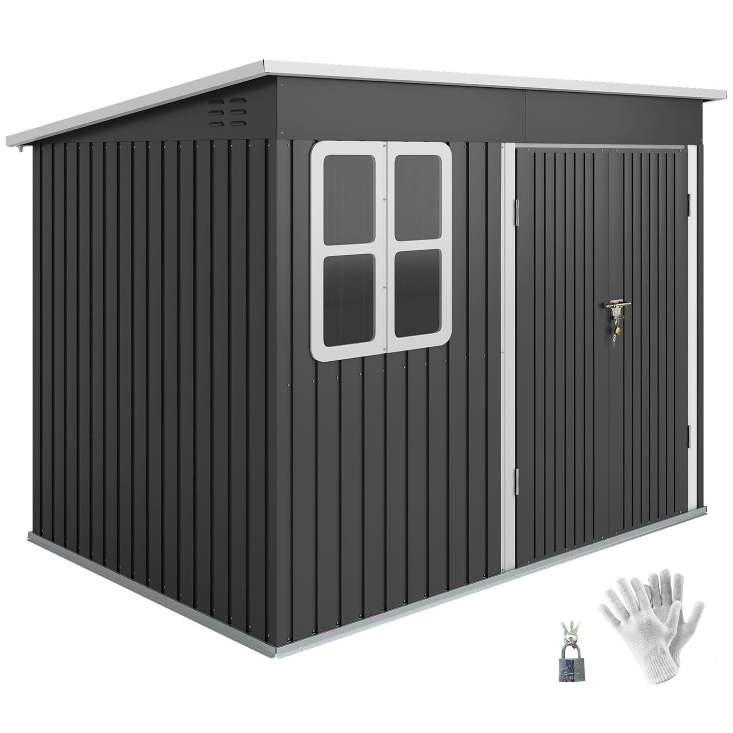 8.5' x 6' Outdoor Storage Shed, Galvanised Steel Garden Shed with Window, Lockable Wide Door and Air Vents for Outdoor Patio, Dark Grey