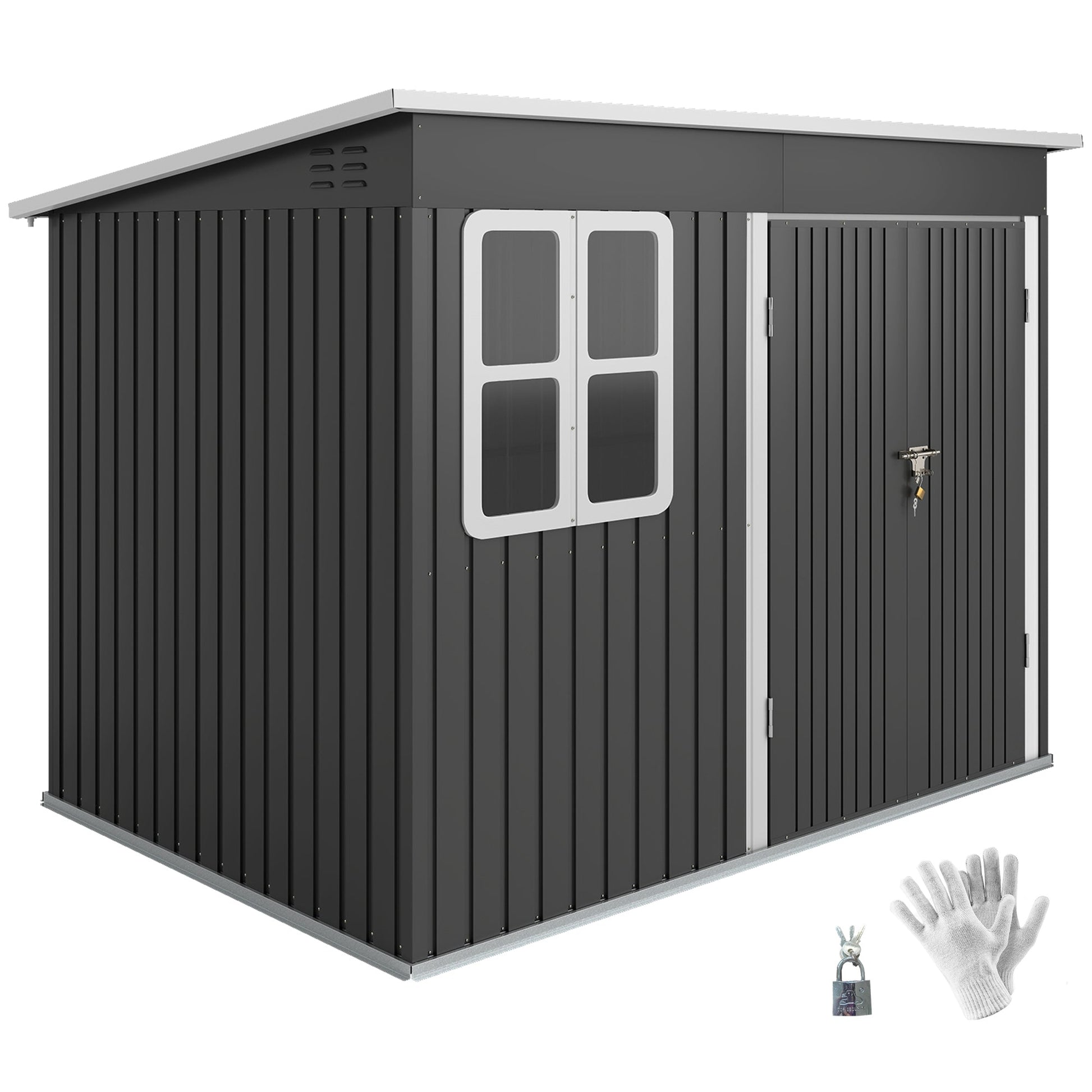 8.5' x 6' Outdoor Storage Shed, Galvanised Steel Garden Shed with Window, Lockable Wide Door and Air Vents for Outdoor Patio, Dark Grey