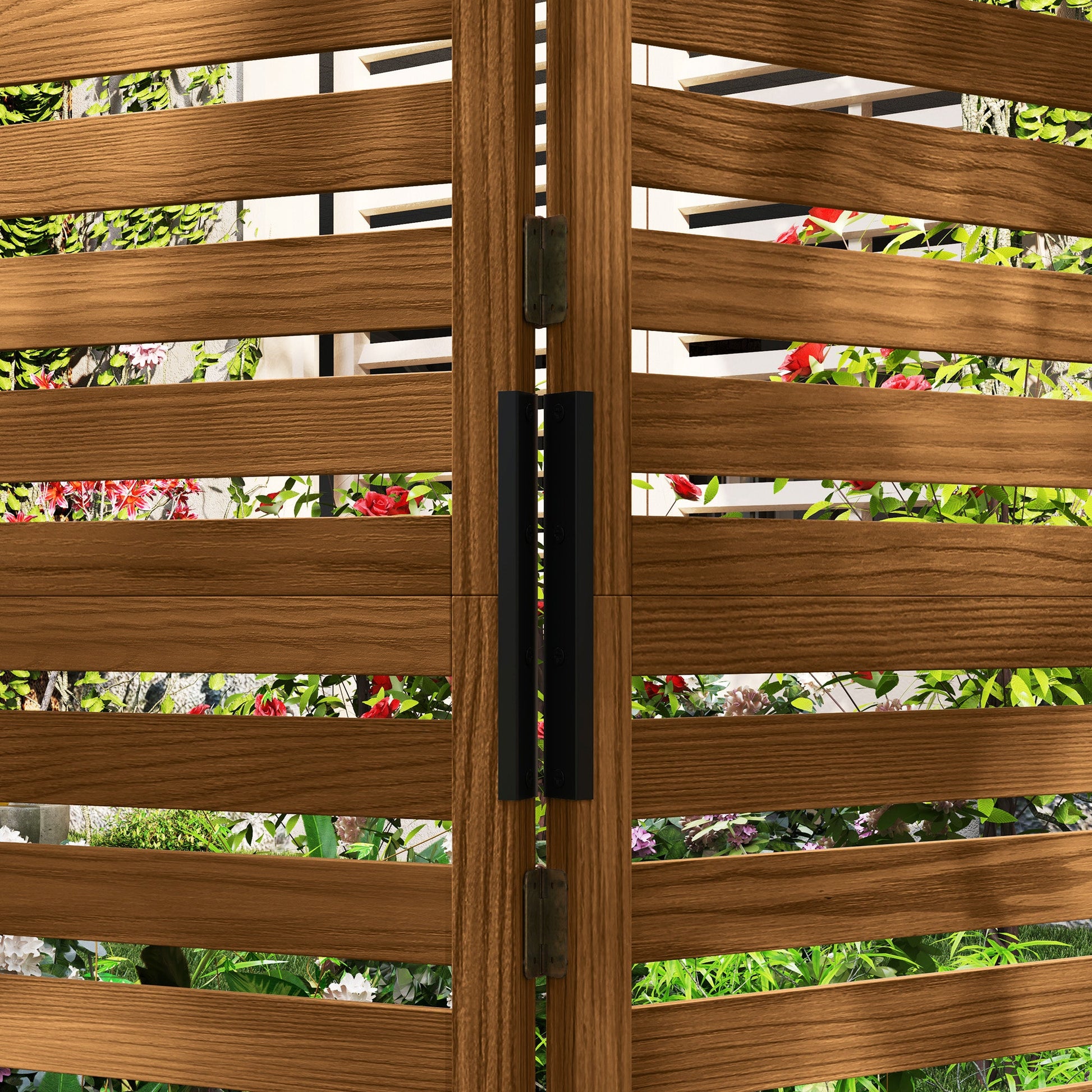 Freestanding Outdoor Privacy Screen, 4 Self-Draining Planters / Raised Garden Beds, 3 Hinged Panels for Hot Tub, Patio, Backyard, Deck, Natural