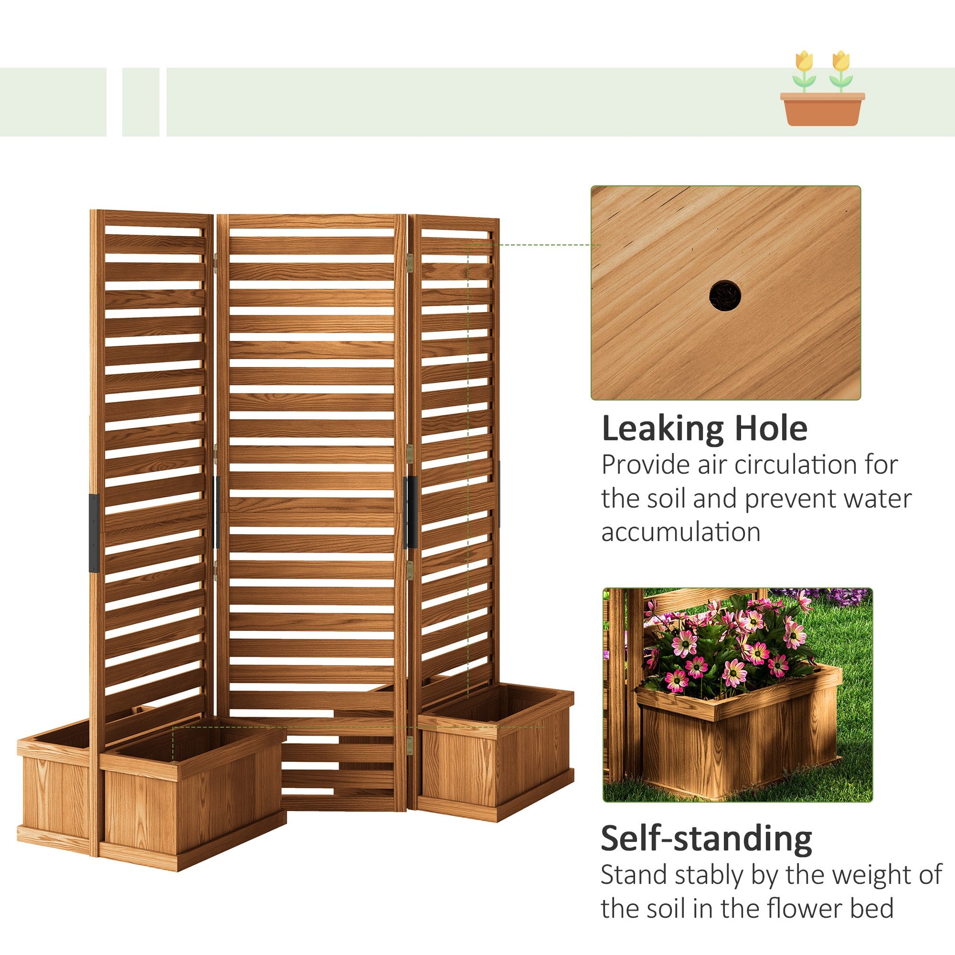 Freestanding Outdoor Privacy Screen, 4 Self-Draining Planters / Raised Garden Beds, 3 Hinged Panels for Hot Tub, Patio, Backyard, Deck, Natural
