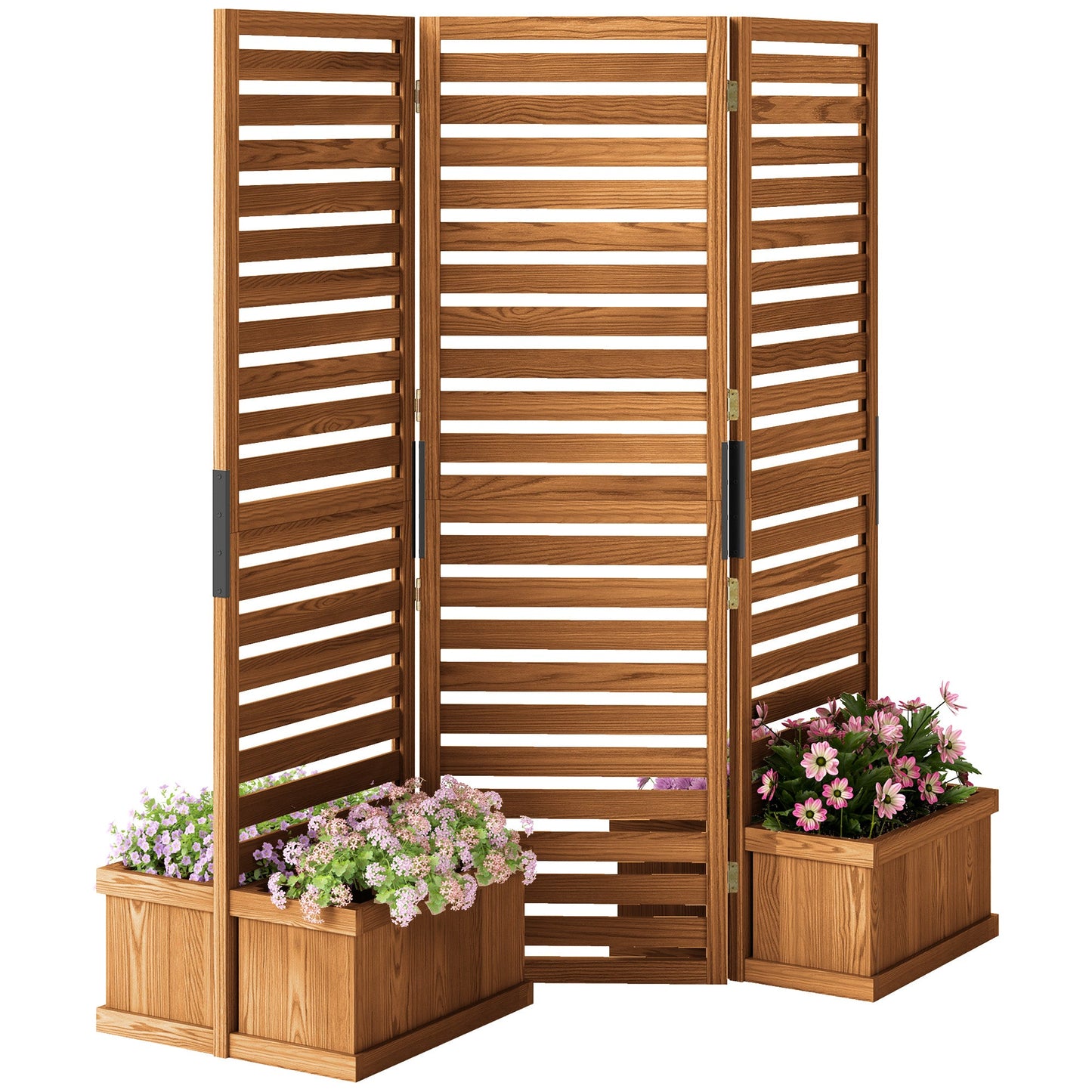 Freestanding Outdoor Privacy Screen, 4 Self-Draining Planters / Raised Garden Beds, 3 Hinged Panels for Hot Tub, Patio, Backyard, Deck, Natural