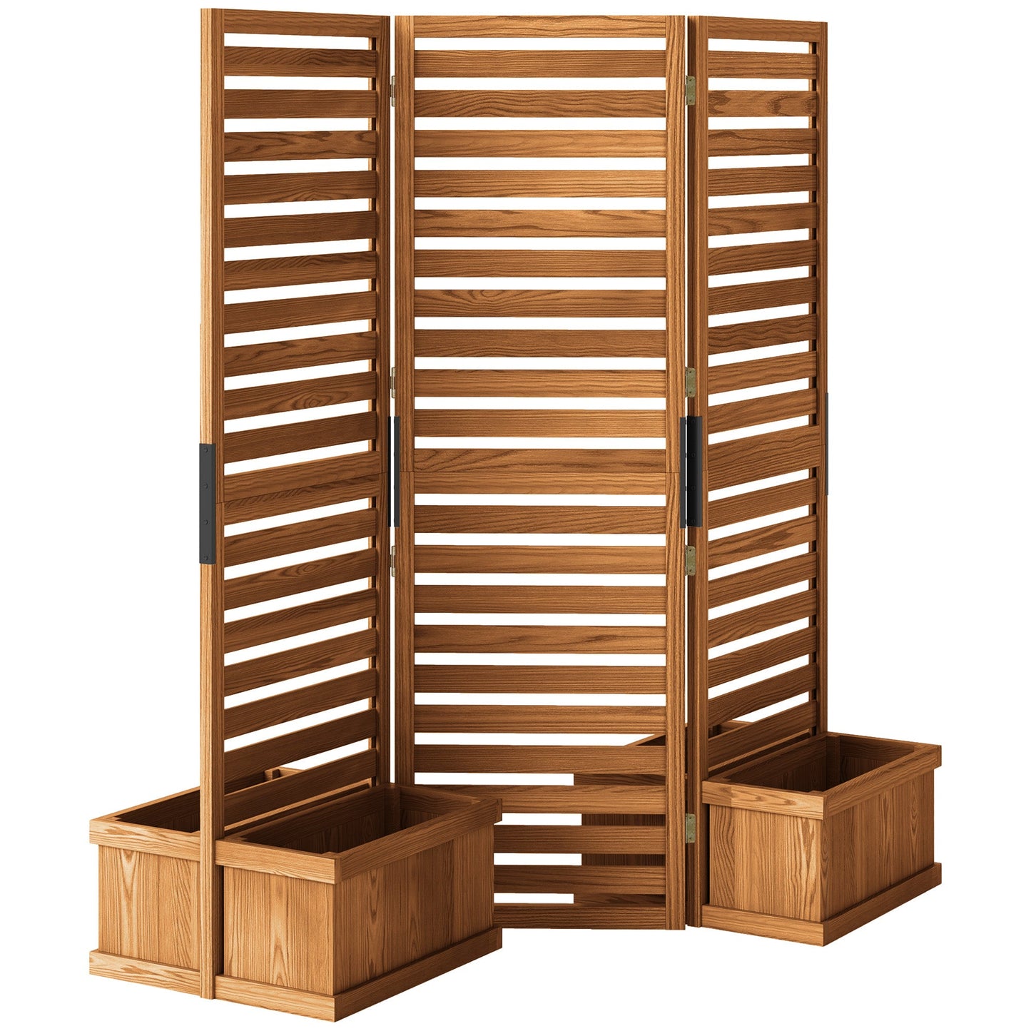 Freestanding Outdoor Privacy Screen, 4 Self-Draining Planters / Raised Garden Beds, 3 Hinged Panels for Hot Tub, Patio, Backyard, Deck, Natural