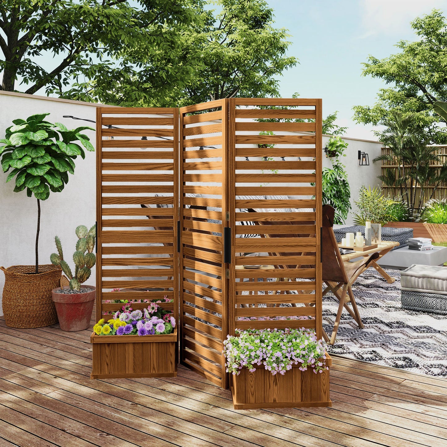 Freestanding Outdoor Privacy Screen, 4 Self-Draining Planters / Raised Garden Beds, 3 Hinged Panels for Hot Tub, Patio, Backyard, Deck, Natural