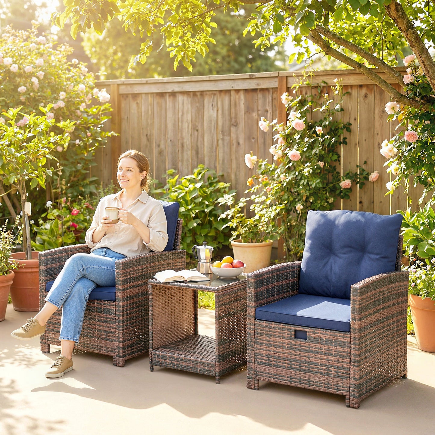5 Piece Patio Furniture Set, Wicker Patio Chairs with Ottomans, 2-Tier Glass Coffee Table, Cushions, Outdoor Patio Furniture Conversation Set for Balcony, Brown/Dark Blue