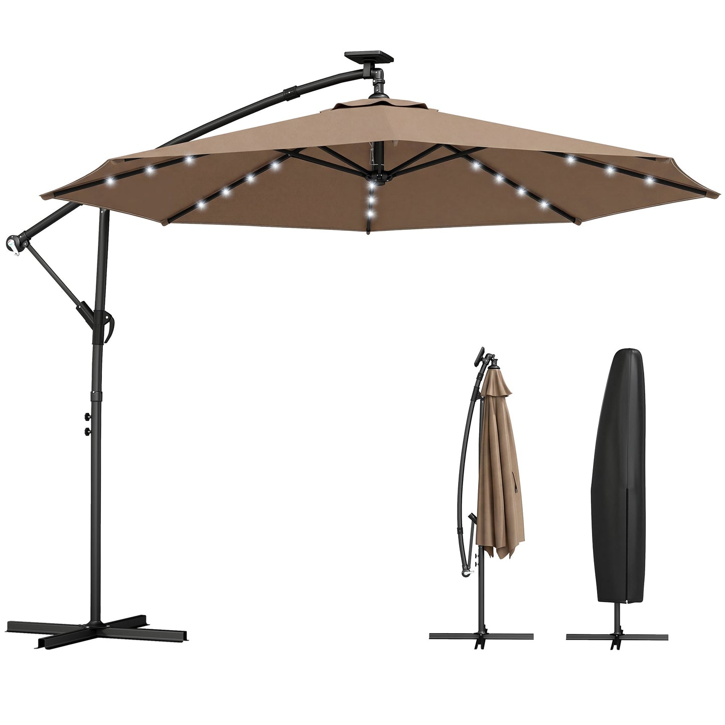 9.7 ft Cantilever Patio Umbrella with Solar LED Light, Cover, Round Offset Hanging Outdoor Umbrella Parasol with Tilt and Crank Handle, Khaki