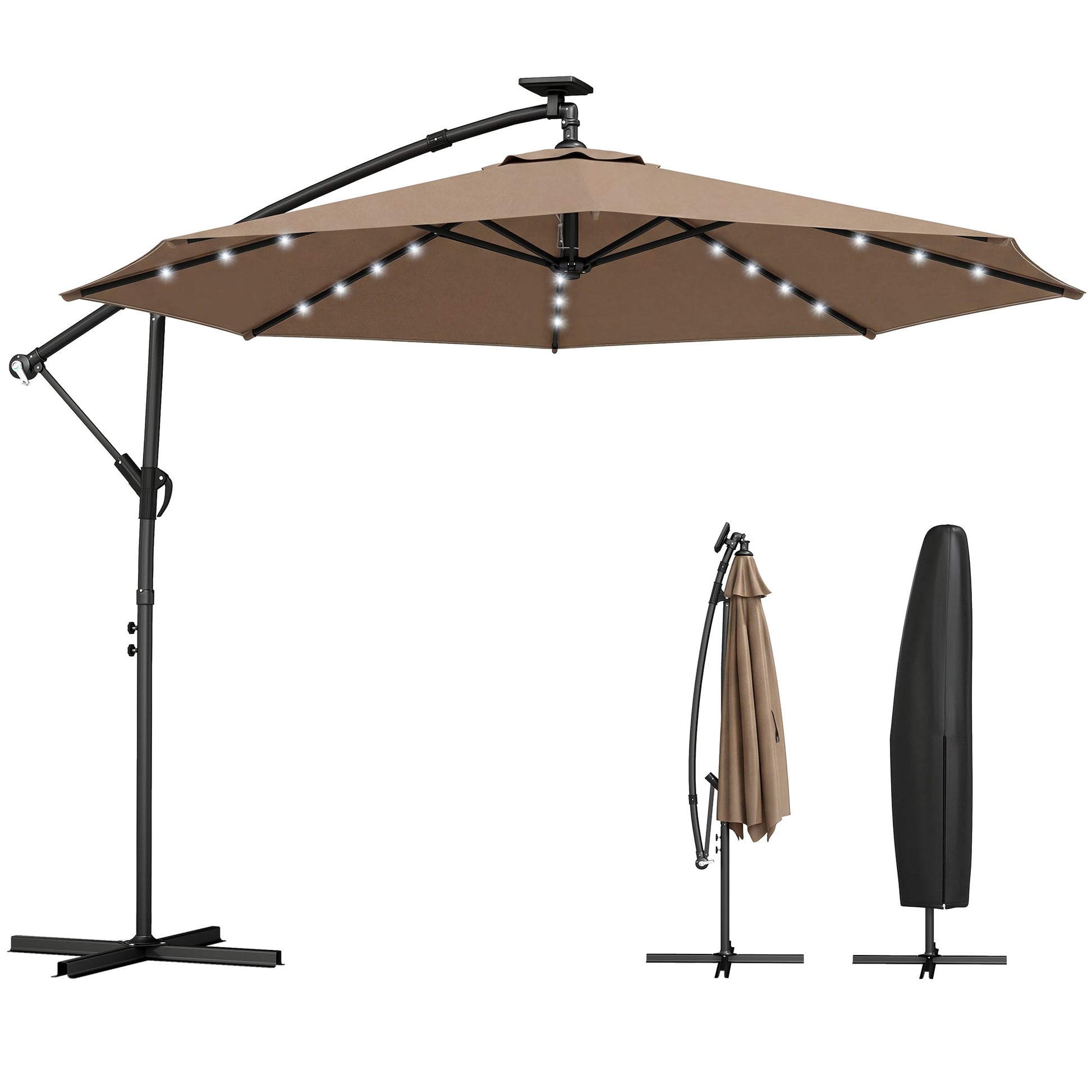 9.7 ft Cantilever Patio Umbrella with Solar LED Light, Cover, Round Offset Hanging Outdoor Umbrella Parasol with Tilt and Crank Handle, Khaki