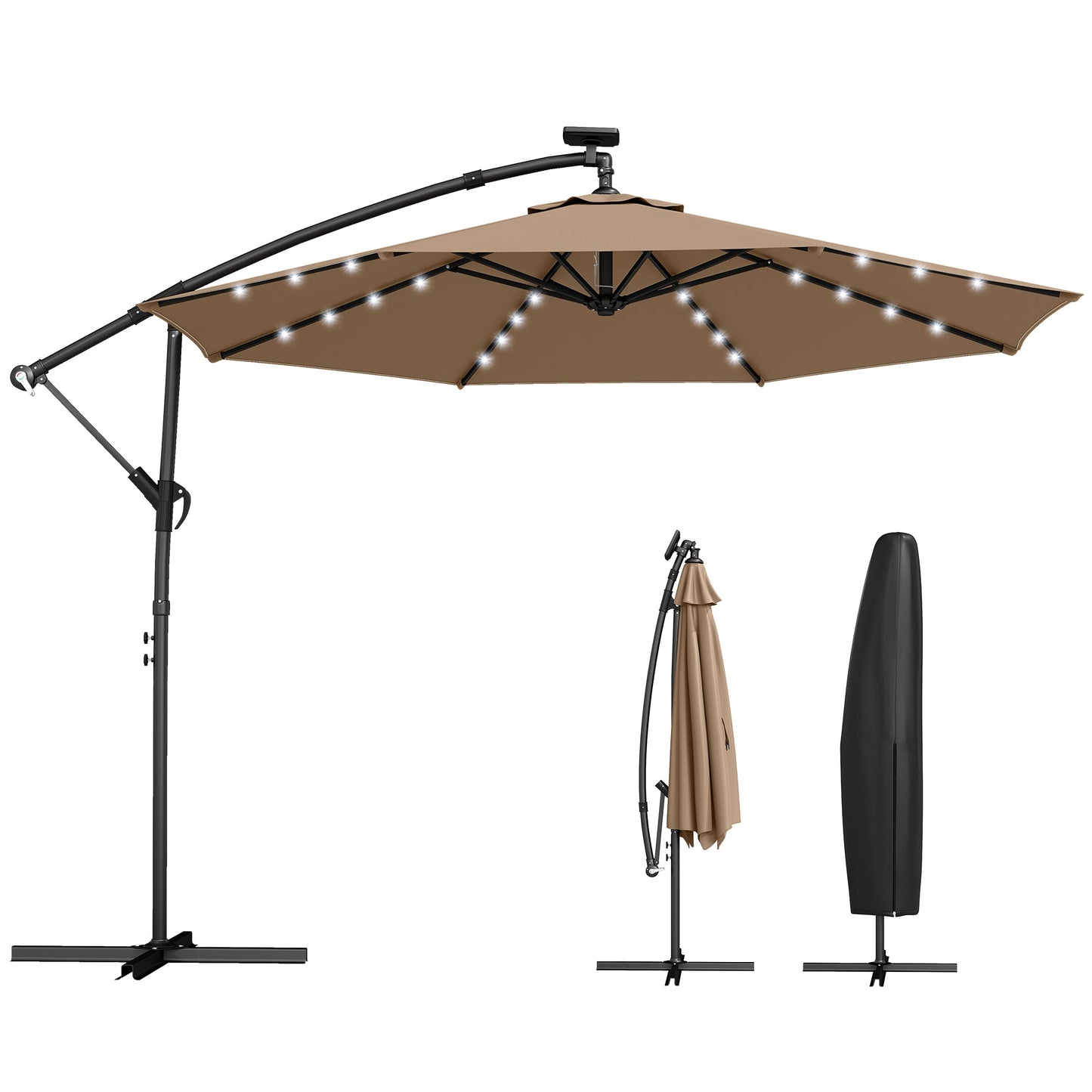 9.7 ft Cantilever Patio Umbrella with Solar LED Light, Cover, Round Offset Hanging Outdoor Umbrella Parasol with Tilt and Crank Handle, Khaki