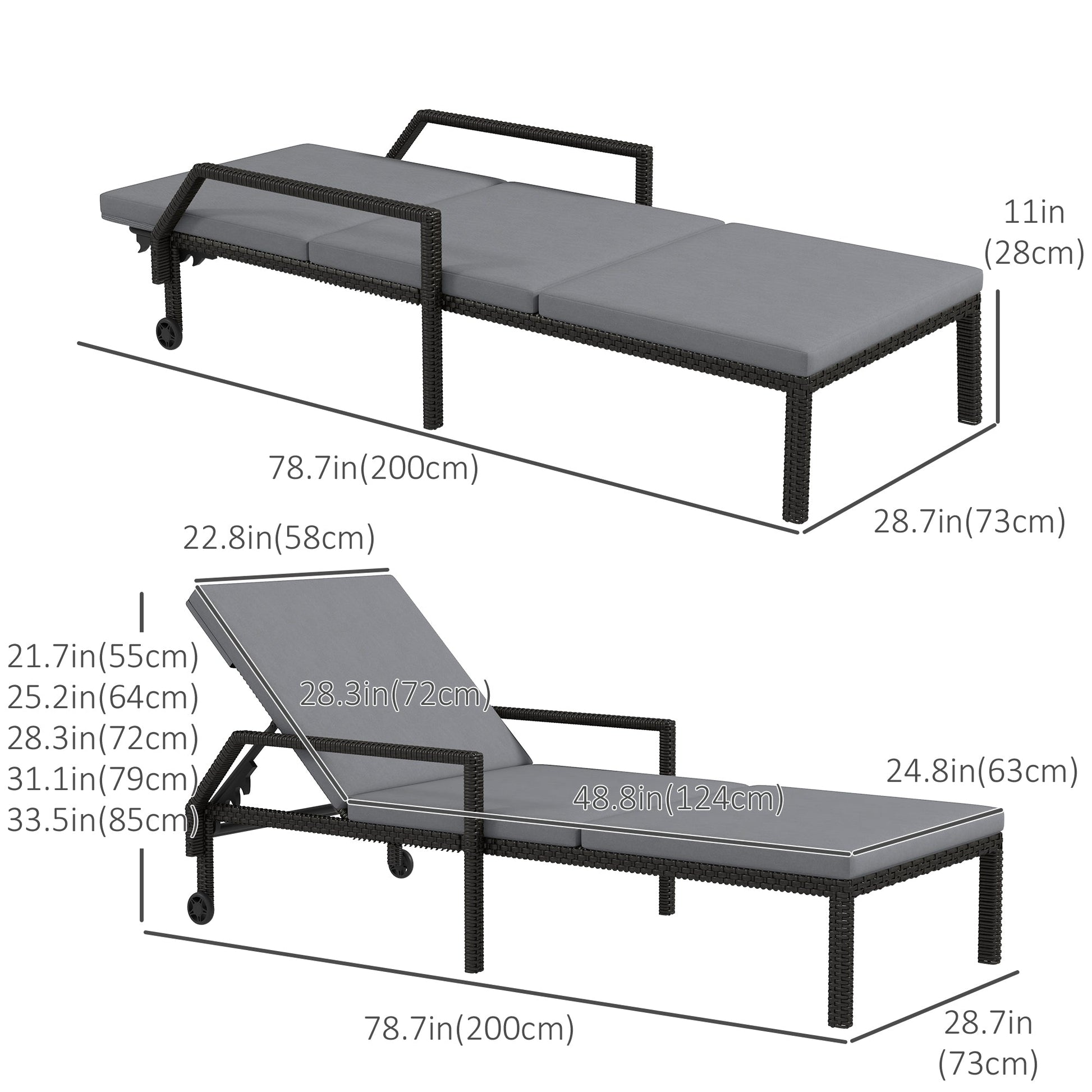 Wicker Chaise Lounger PE Rattan Outdoor Lounge Chair Garden Chair Recliner with 5-Level Adjustable Backrest and 2 Wheels, Light Grey