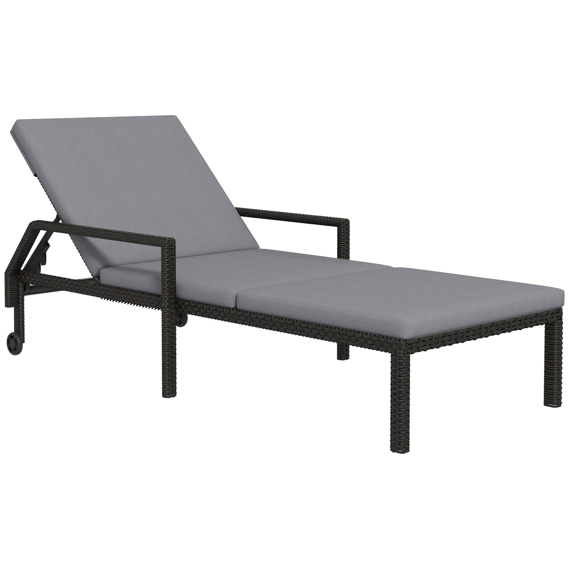 Wicker Chaise Lounger PE Rattan Outdoor Lounge Chair Garden Chair Recliner with 5-Level Adjustable Backrest and 2 Wheels, Light Grey