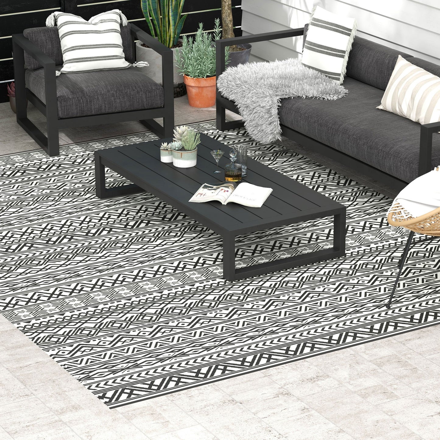 Portable Outdoor Rug with Carry Bag, 9' x 12' Reversible Mat, Waterproof Plastic Straw RV Rug for Backyard, Deck, Picnic, Beach, Camping, Grey and Cream White Boho