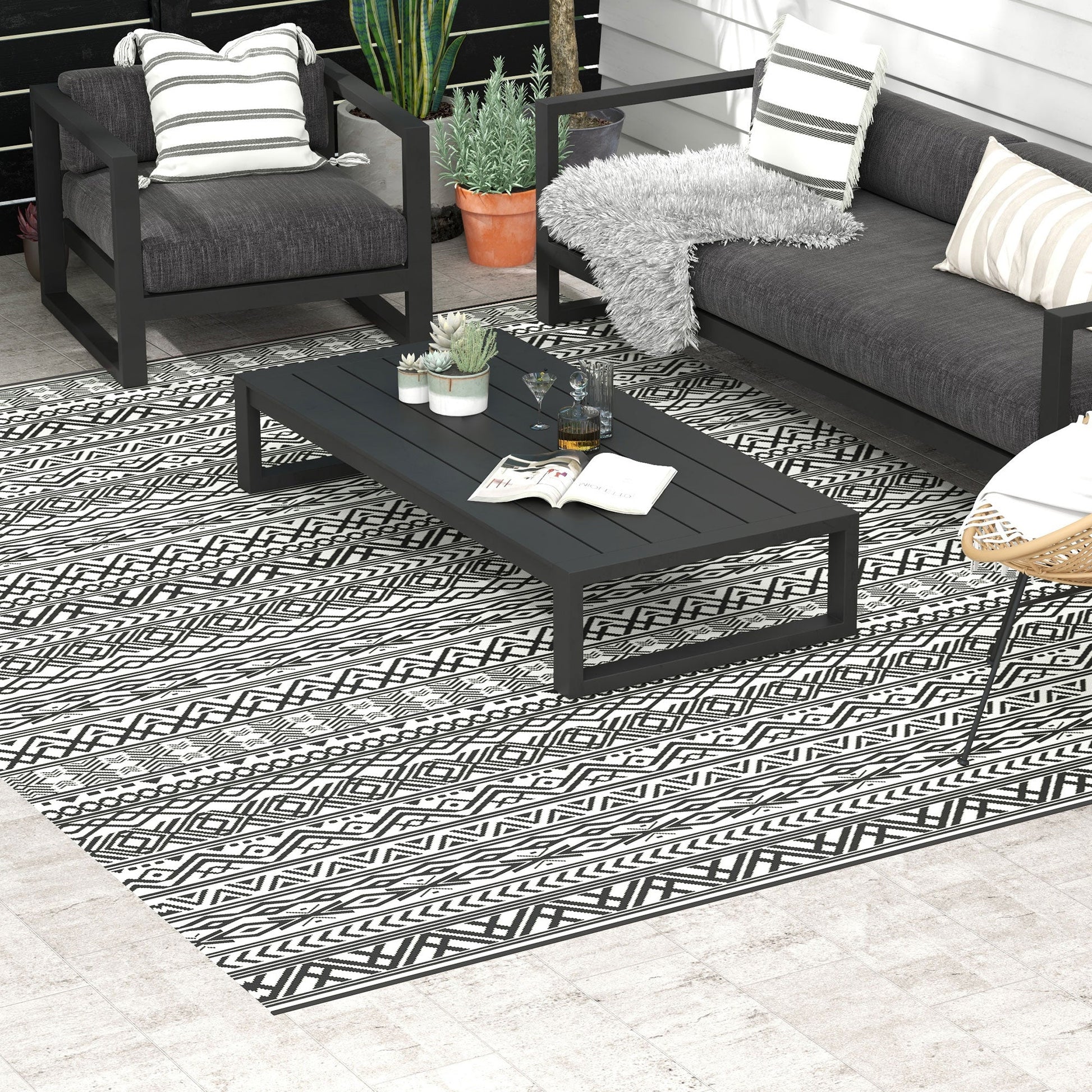 Portable Outdoor Rug with Carry Bag, 9' x 12' Reversible Mat, Waterproof Plastic Straw RV Rug for Backyard, Deck, Picnic, Beach, Camping, Grey and Cream White Boho