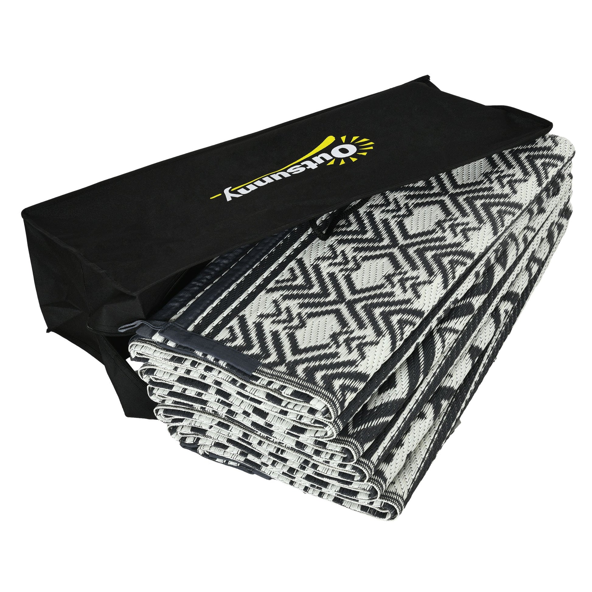 Portable Outdoor Rug with Carry Bag, 9' x 12' Reversible Mat, Waterproof Plastic Straw RV Rug for Backyard, Deck, Picnic, Beach, Camping, Grey and Cream White Boho