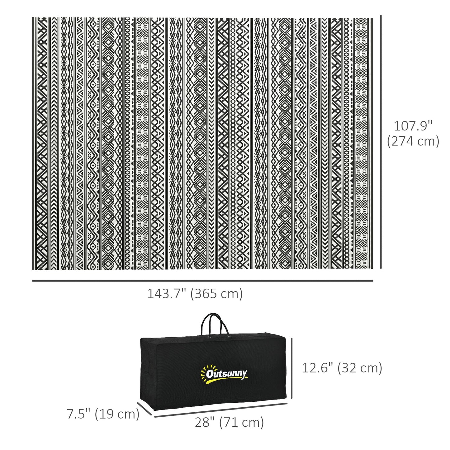 Portable Outdoor Rug with Carry Bag, 9' x 12' Reversible Mat, Waterproof Plastic Straw RV Rug for Backyard, Deck, Picnic, Beach, Camping, Grey and Cream White Boho