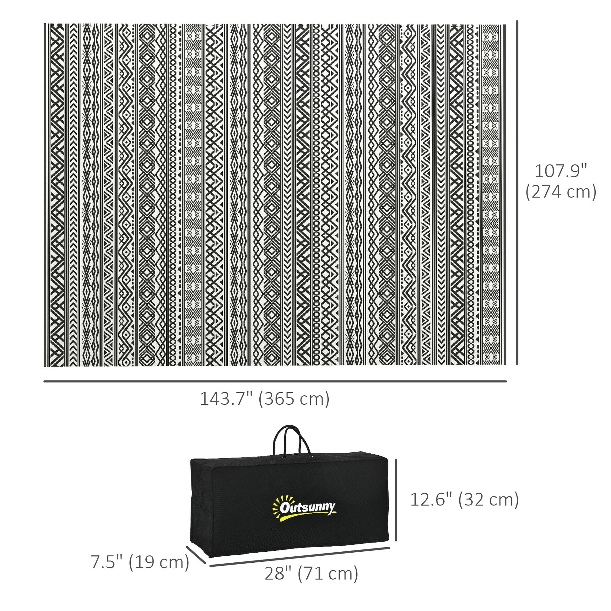 Portable Outdoor Rug with Carry Bag, 9' x 12' Reversible Mat, Waterproof Plastic Straw RV Rug for Backyard, Deck, Picnic, Beach, Camping, Grey and Cream White Boho