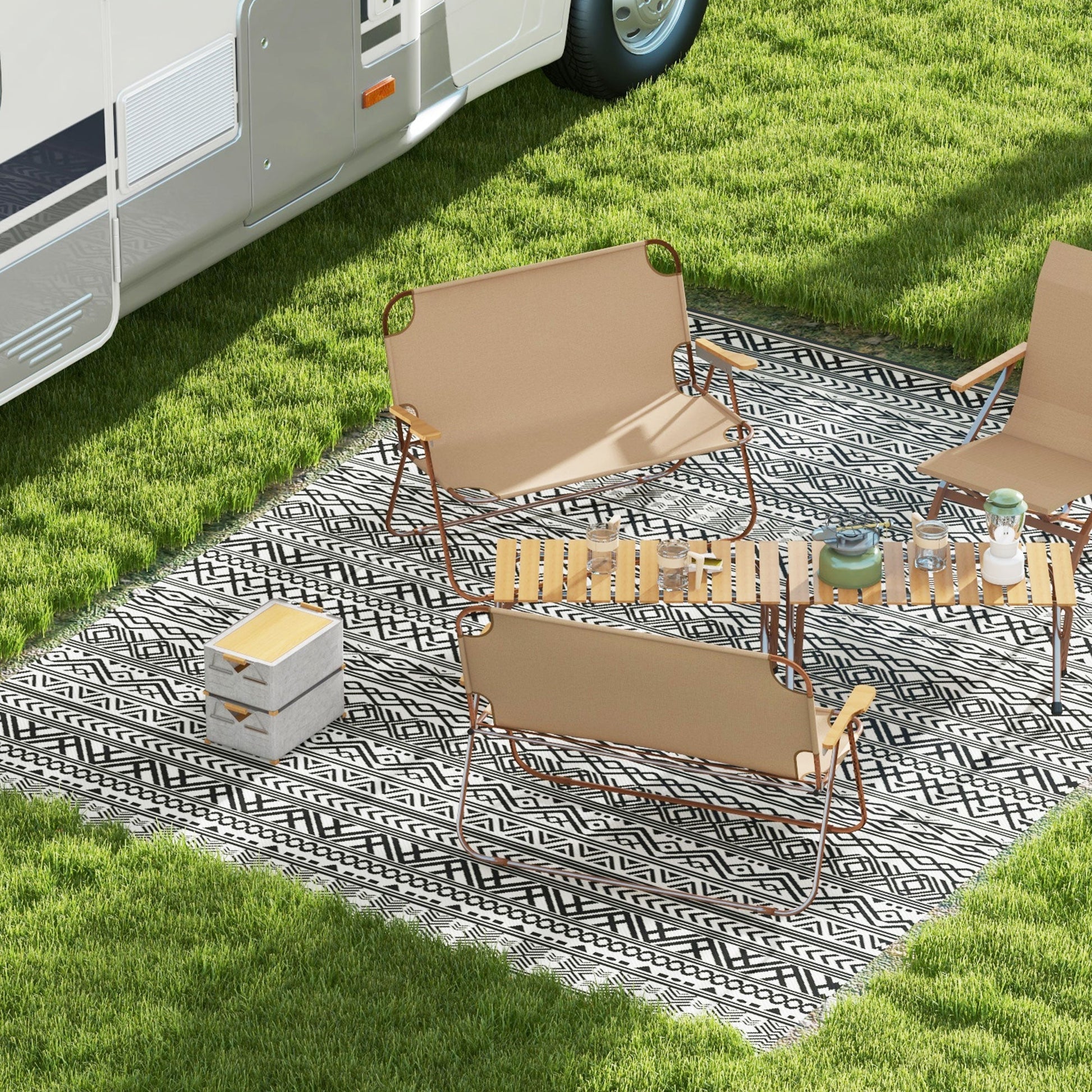 Portable Outdoor Rug with Carry Bag, 9' x 12' Reversible Mat, Waterproof Plastic Straw RV Rug for Backyard, Deck, Picnic, Beach, Camping, Grey and Cream White Boho