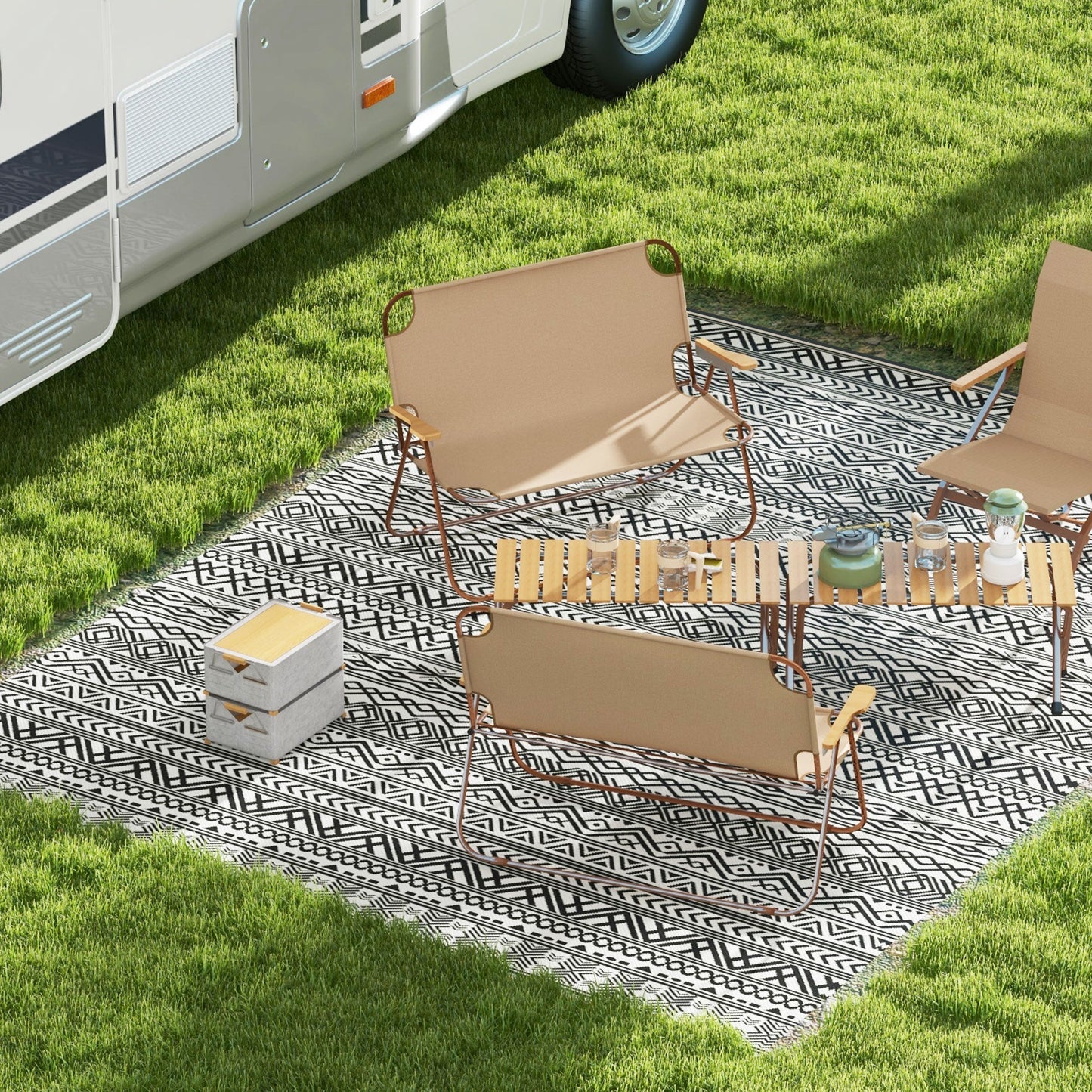 Portable Outdoor Rug with Carry Bag, 9' x 12' Reversible Mat, Waterproof Plastic Straw RV Rug for Backyard, Deck, Picnic, Beach, Camping, Grey and Cream White Boho