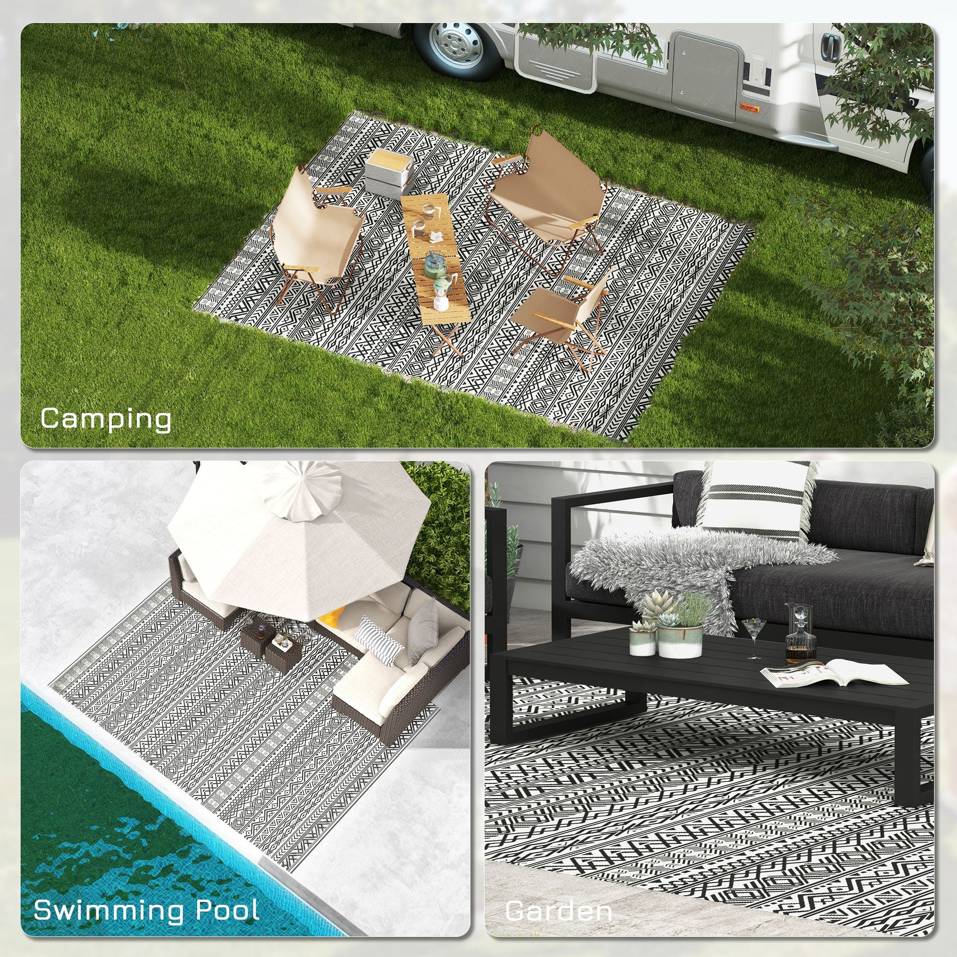 Portable Outdoor Rug with Carry Bag, 9' x 12' Reversible Mat, Waterproof Plastic Straw RV Rug for Backyard, Deck, Picnic, Beach, Camping, Grey and Cream White Boho