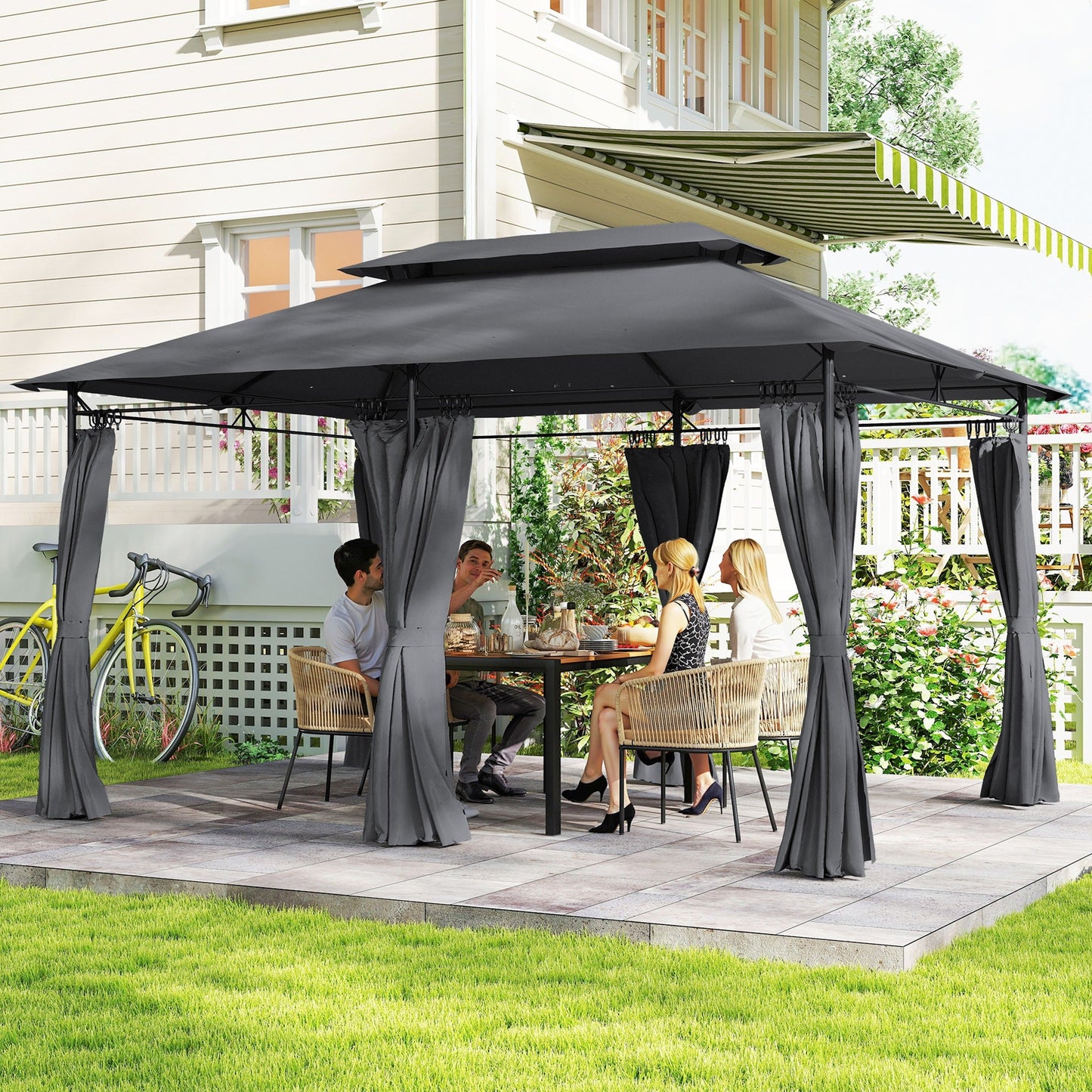  10' x 13' Patio Gazebo, Double Roof Outdoor Gazebo Canopy Shelter with Curtains, Solid Metal Frame for Garden, Lawn, Backyard and Deck, Grey