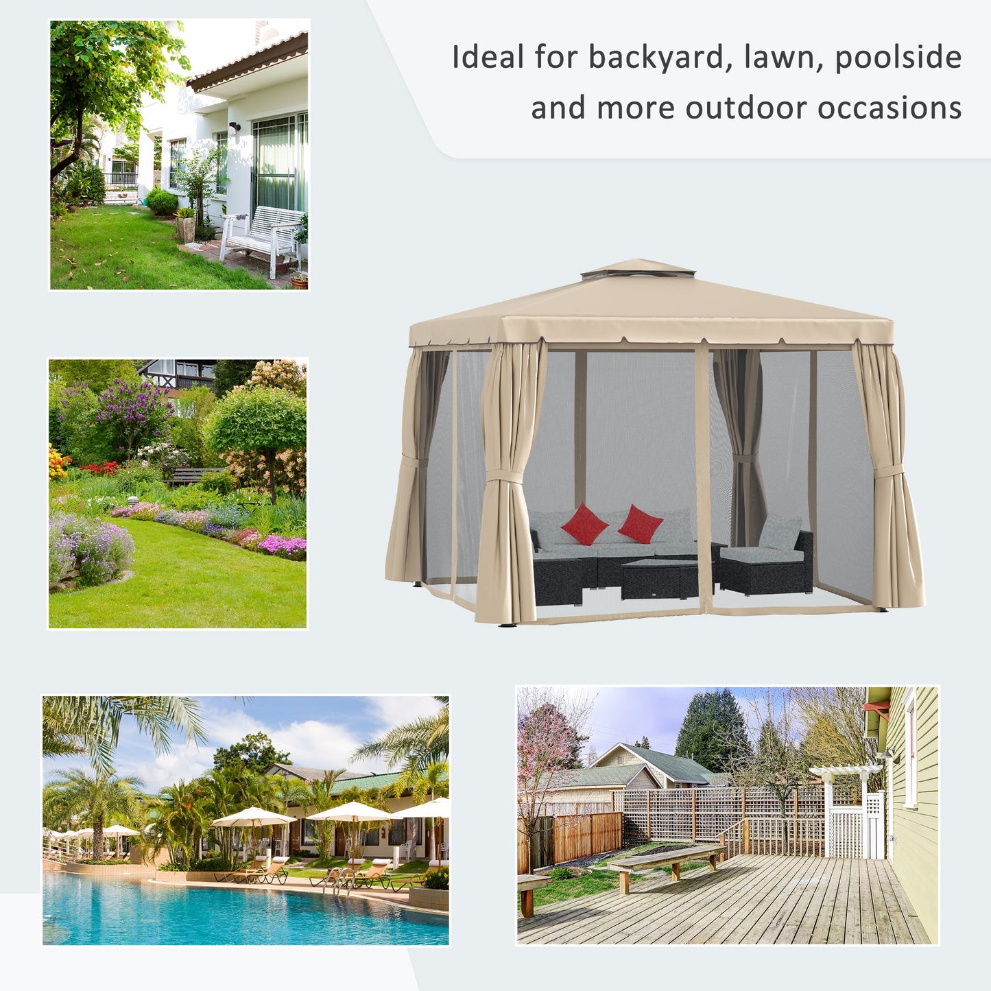 10' x 10' Outdoor Patio Gazebo Double Soft-top Garden Shelter Tent with Beautiful Polyester Curtains, & Mesh Screen Drapes, Khaki