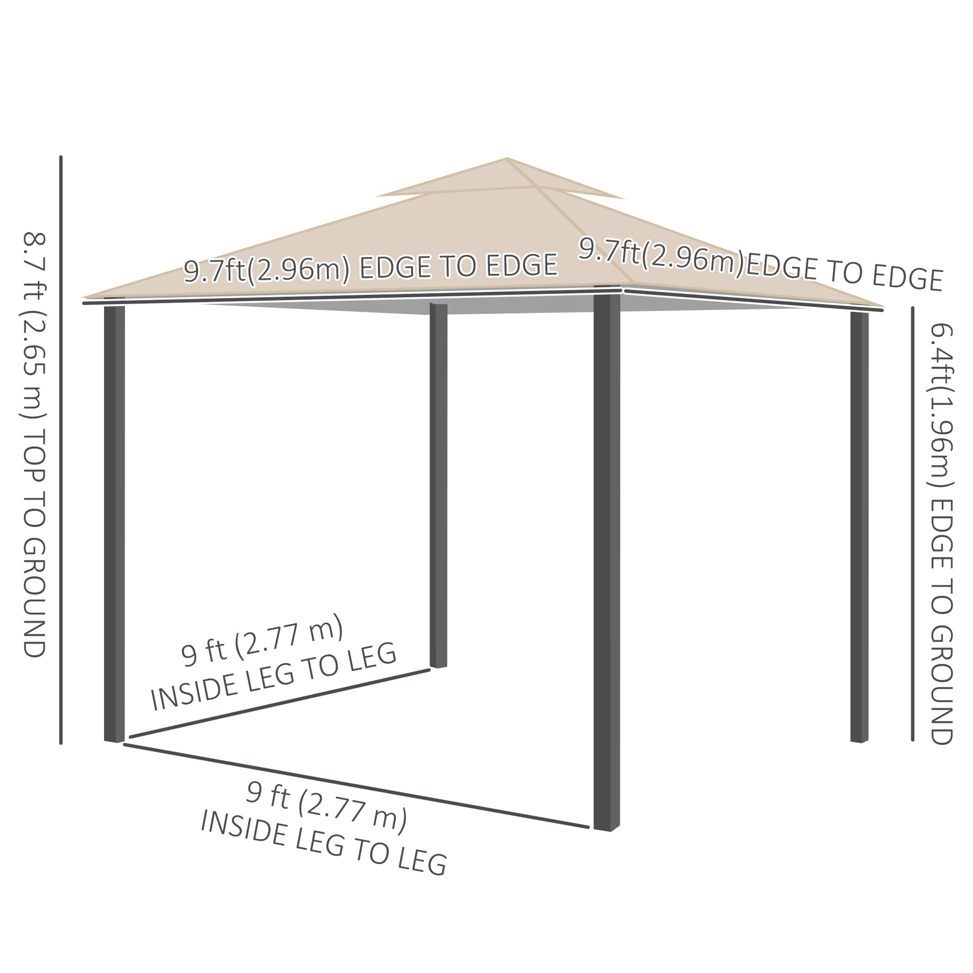 10' x 10' Outdoor Patio Gazebo Double Soft-top Garden Shelter Tent with Beautiful Polyester Curtains, & Mesh Screen Drapes, Khaki