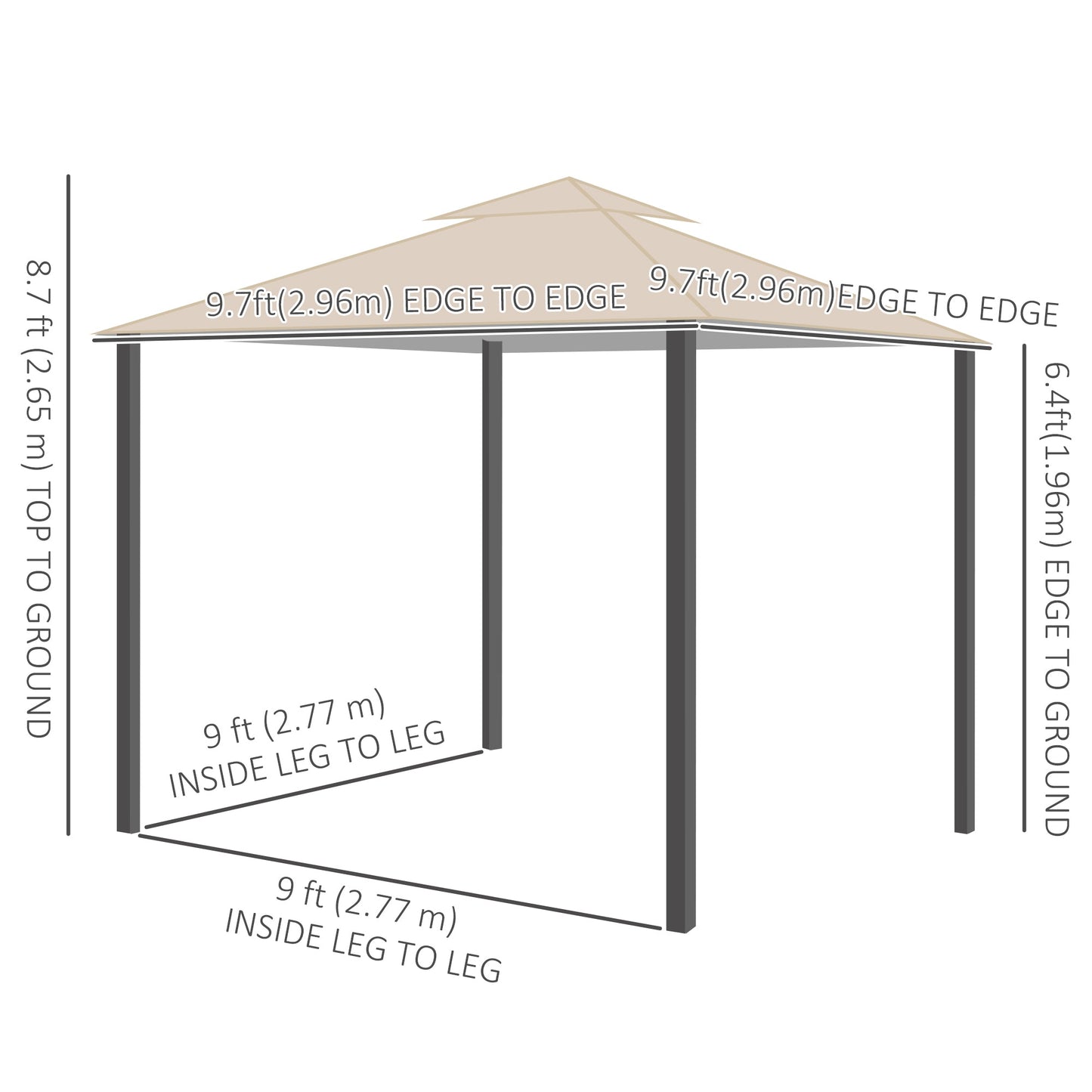 10' x 10' Outdoor Patio Gazebo Double Soft-top Garden Shelter Tent with Beautiful Polyester Curtains, & Mesh Screen Drapes, Khaki