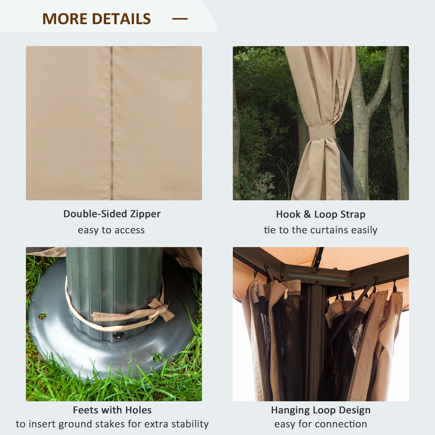 10' x 10' Outdoor Patio Gazebo Double Soft-top Garden Shelter Tent with Beautiful Polyester Curtains, & Mesh Screen Drapes, Khaki