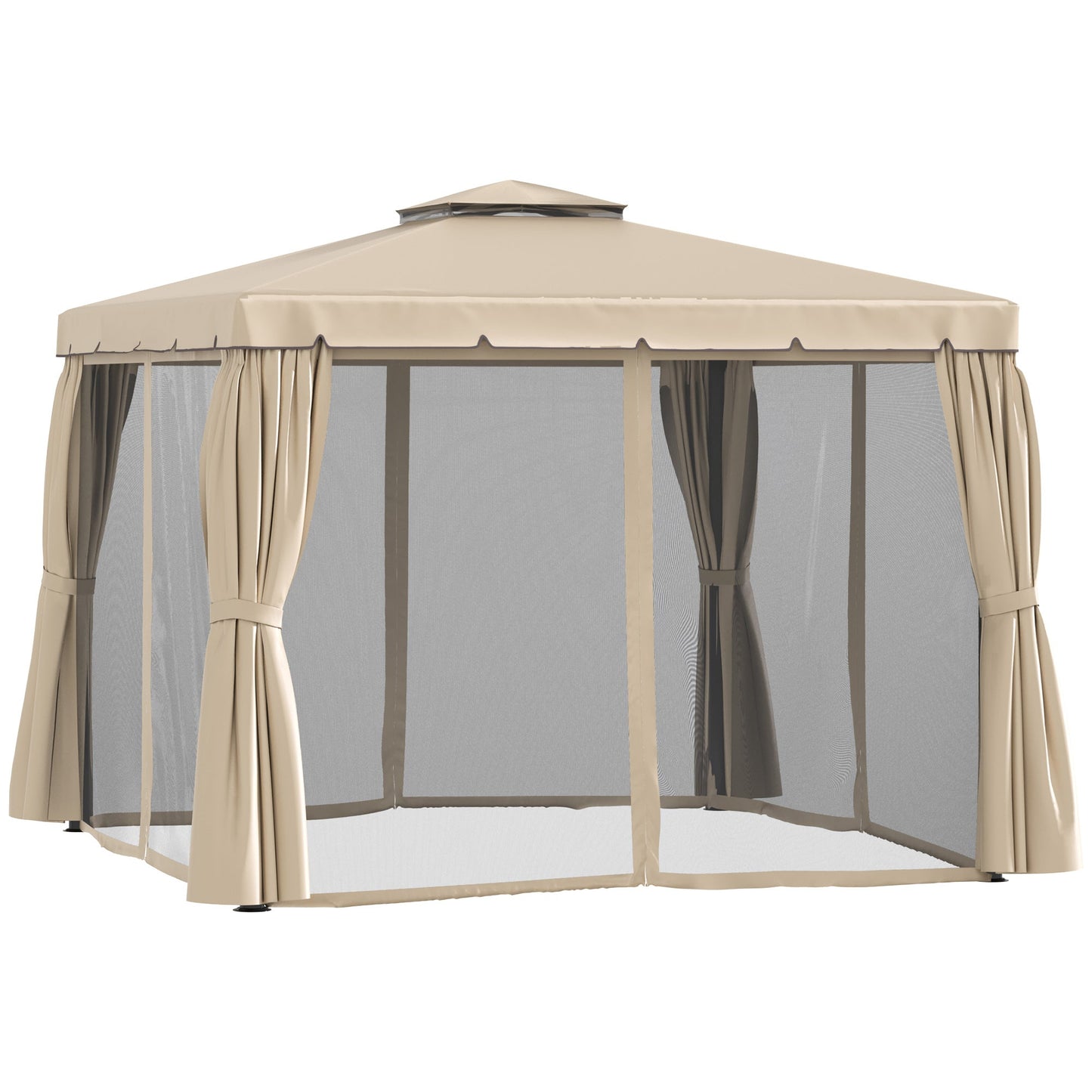 10' x 10' Outdoor Patio Gazebo Double Soft-top Garden Shelter Tent with Beautiful Polyester Curtains, & Mesh Screen Drapes, Khaki