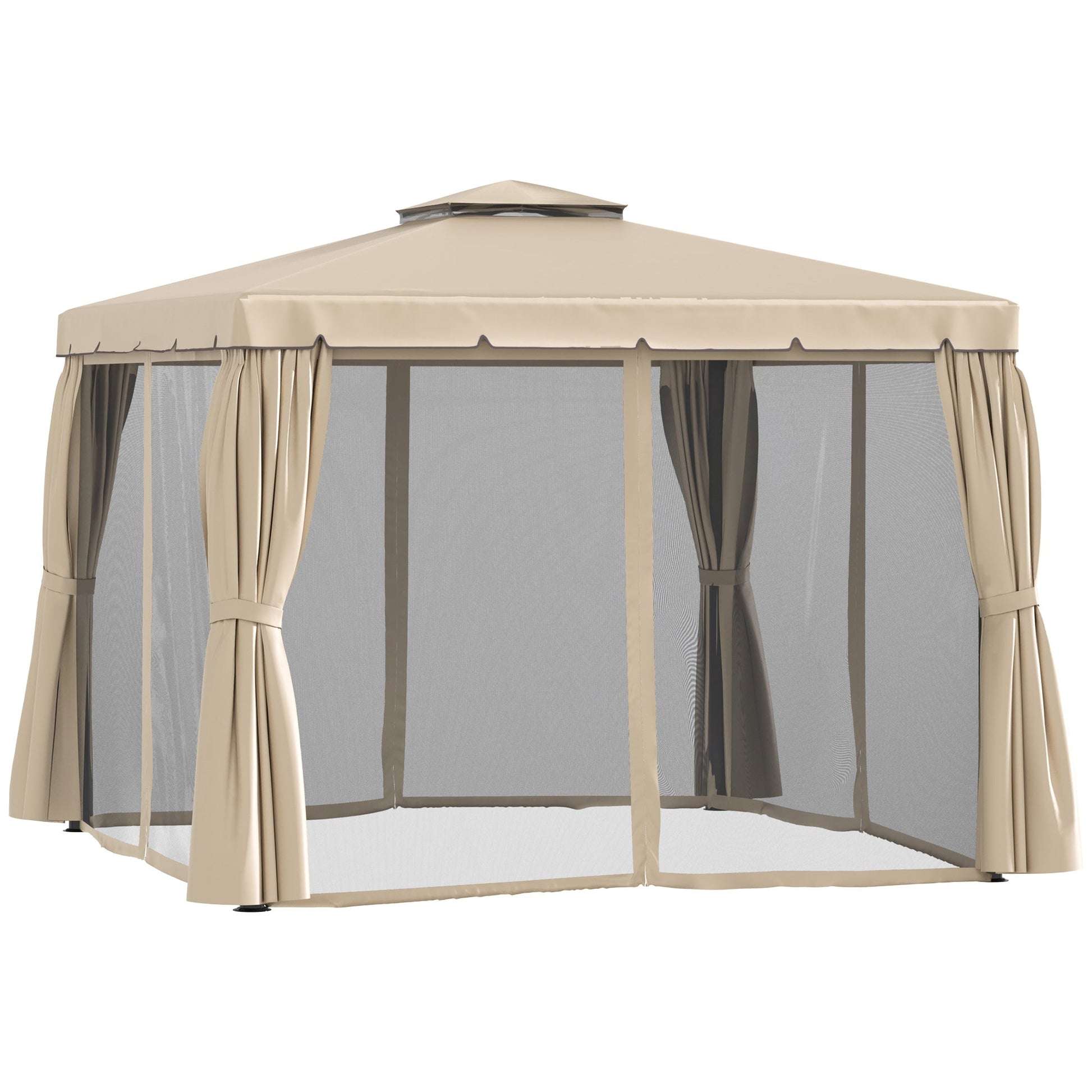 10' x 10' Outdoor Patio Gazebo Double Soft-top Garden Shelter Tent with Beautiful Polyester Curtains, & Mesh Screen Drapes, Khaki