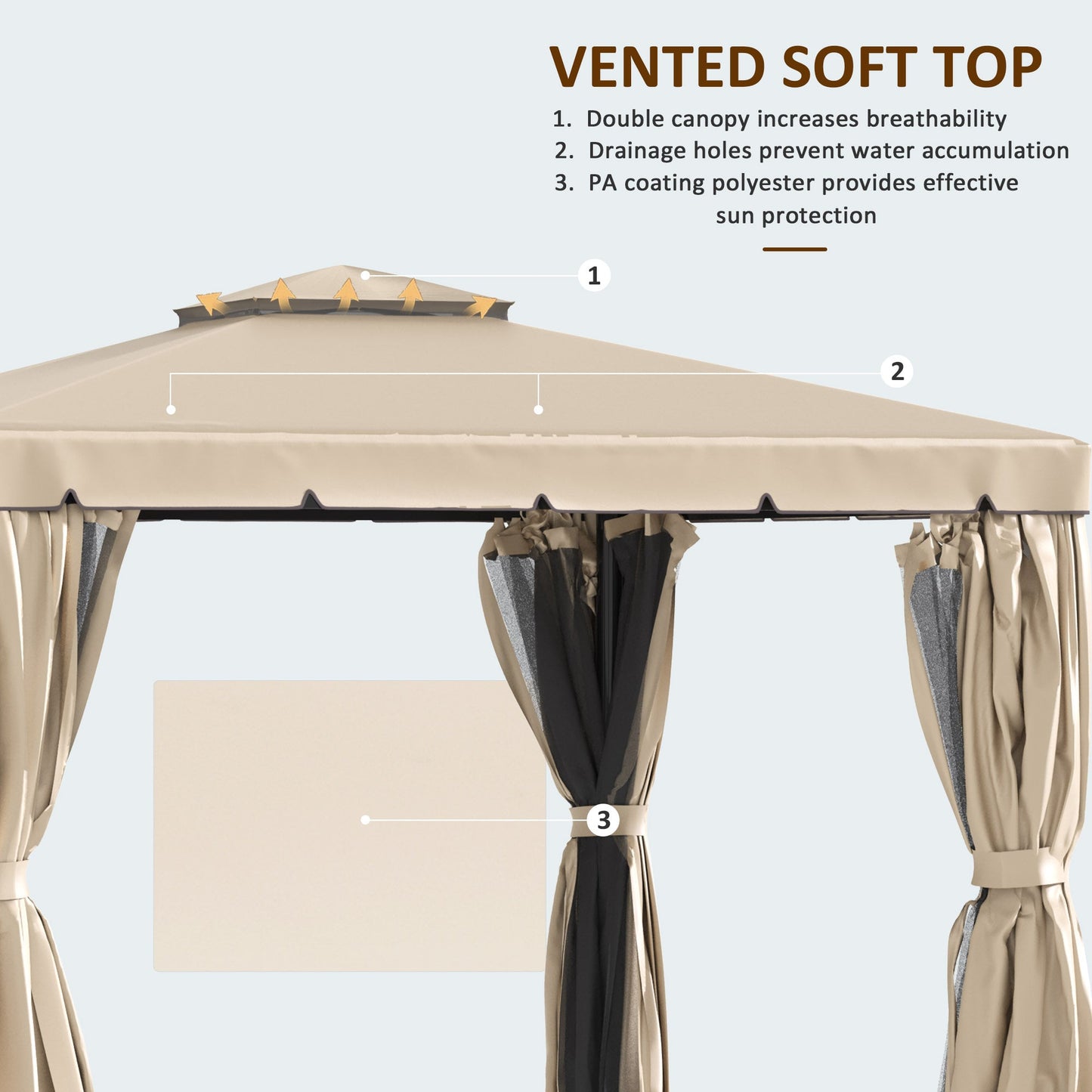 10' x 10' Outdoor Patio Gazebo Double Soft-top Garden Shelter Tent with Beautiful Polyester Curtains, & Mesh Screen Drapes, Khaki