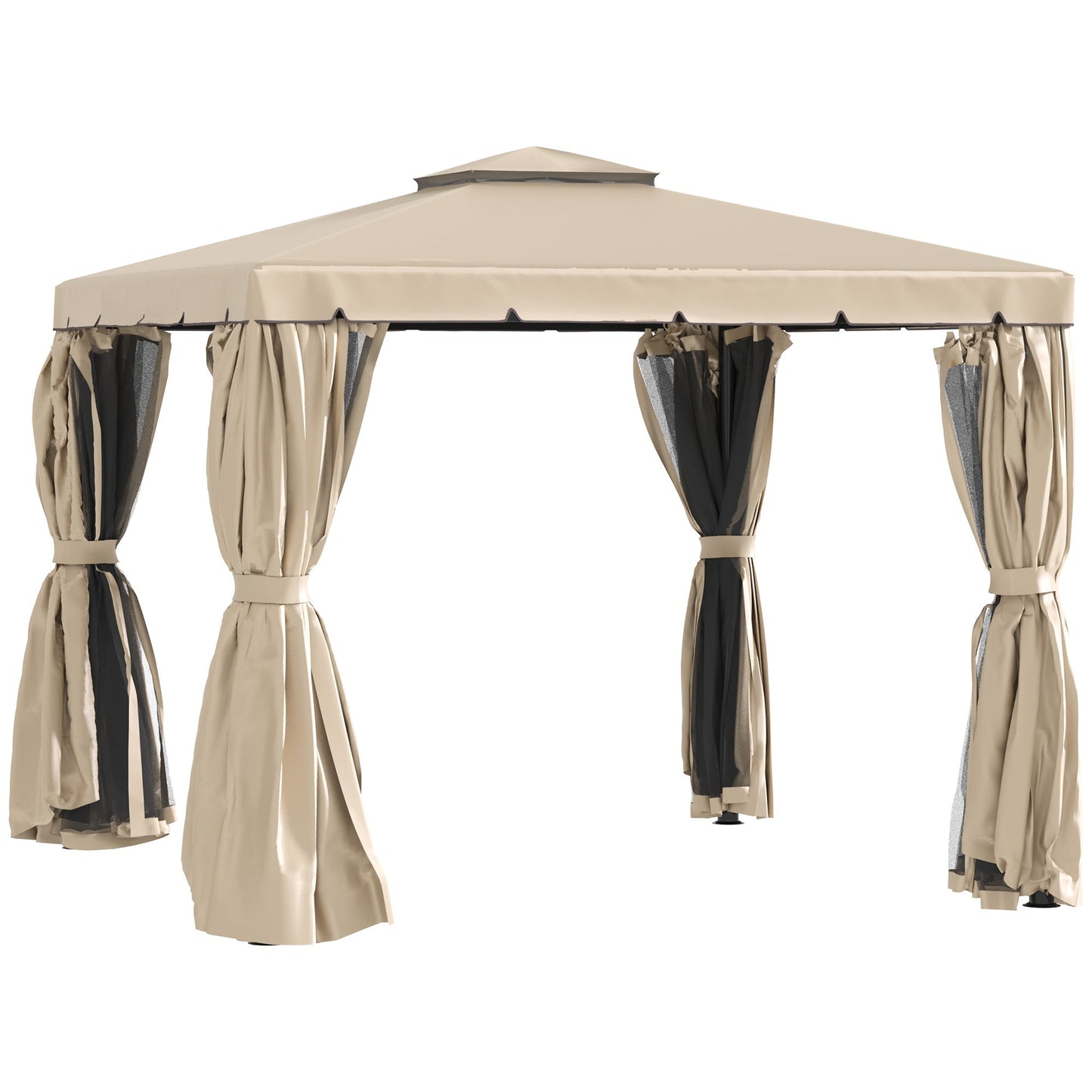 10' x 10' Outdoor Patio Gazebo Double Soft-top Garden Shelter Tent with Beautiful Polyester Curtains, & Mesh Screen Drapes, Khaki