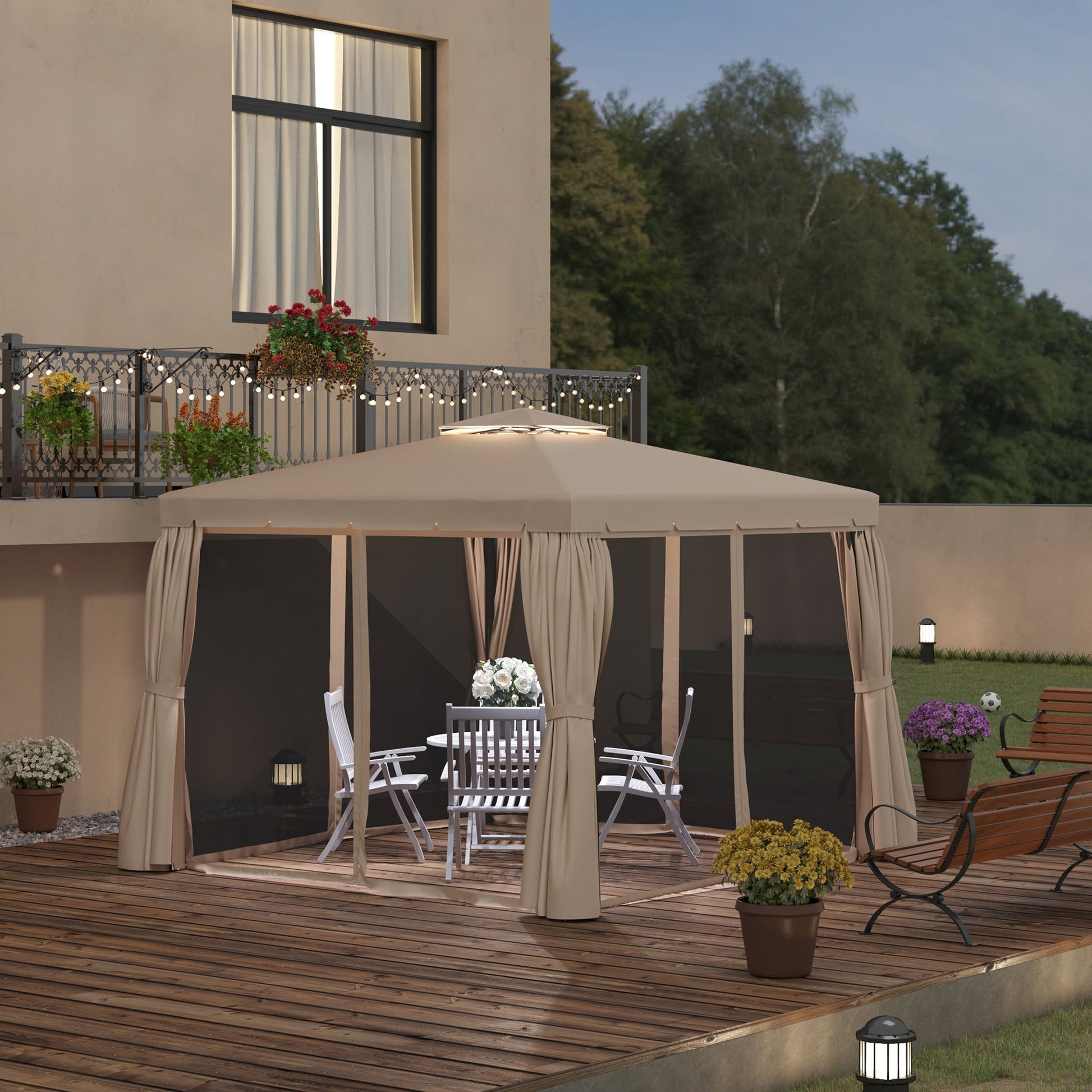 10' x 10' Outdoor Patio Gazebo Double Soft-top Garden Shelter Tent with Beautiful Polyester Curtains, & Mesh Screen Drapes, Khaki