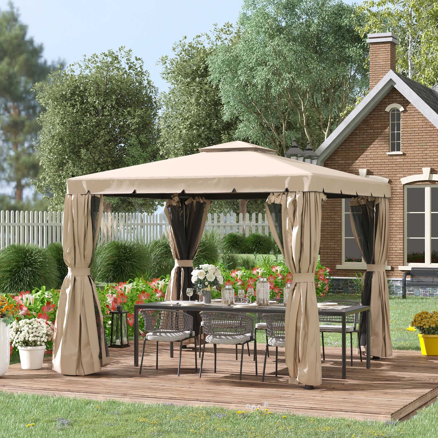 10' x 10' Outdoor Patio Gazebo Double Soft-top Garden Shelter Tent with Beautiful Polyester Curtains, & Mesh Screen Drapes, Khaki