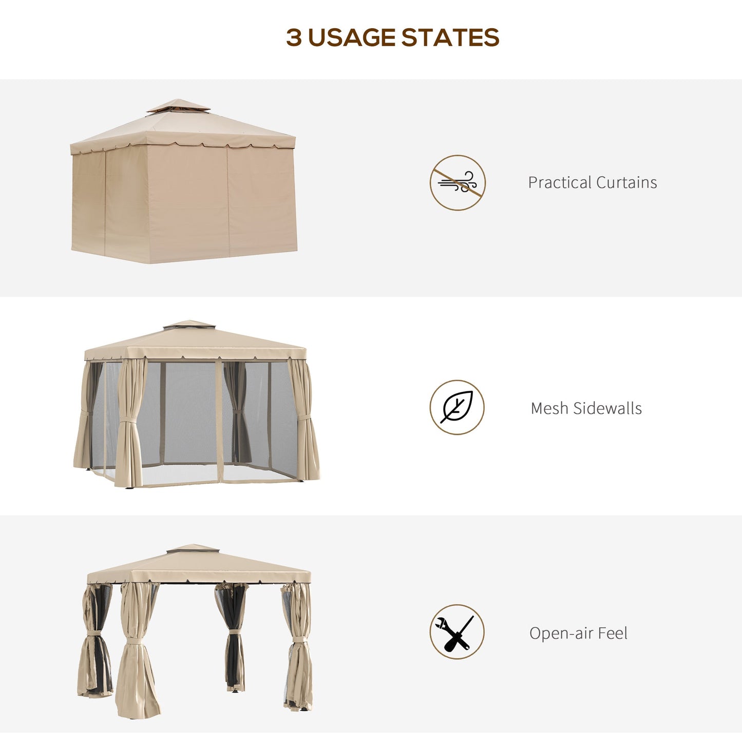 10' x 10' Outdoor Patio Gazebo Double Soft-top Garden Shelter Tent with Beautiful Polyester Curtains, & Mesh Screen Drapes, Khaki