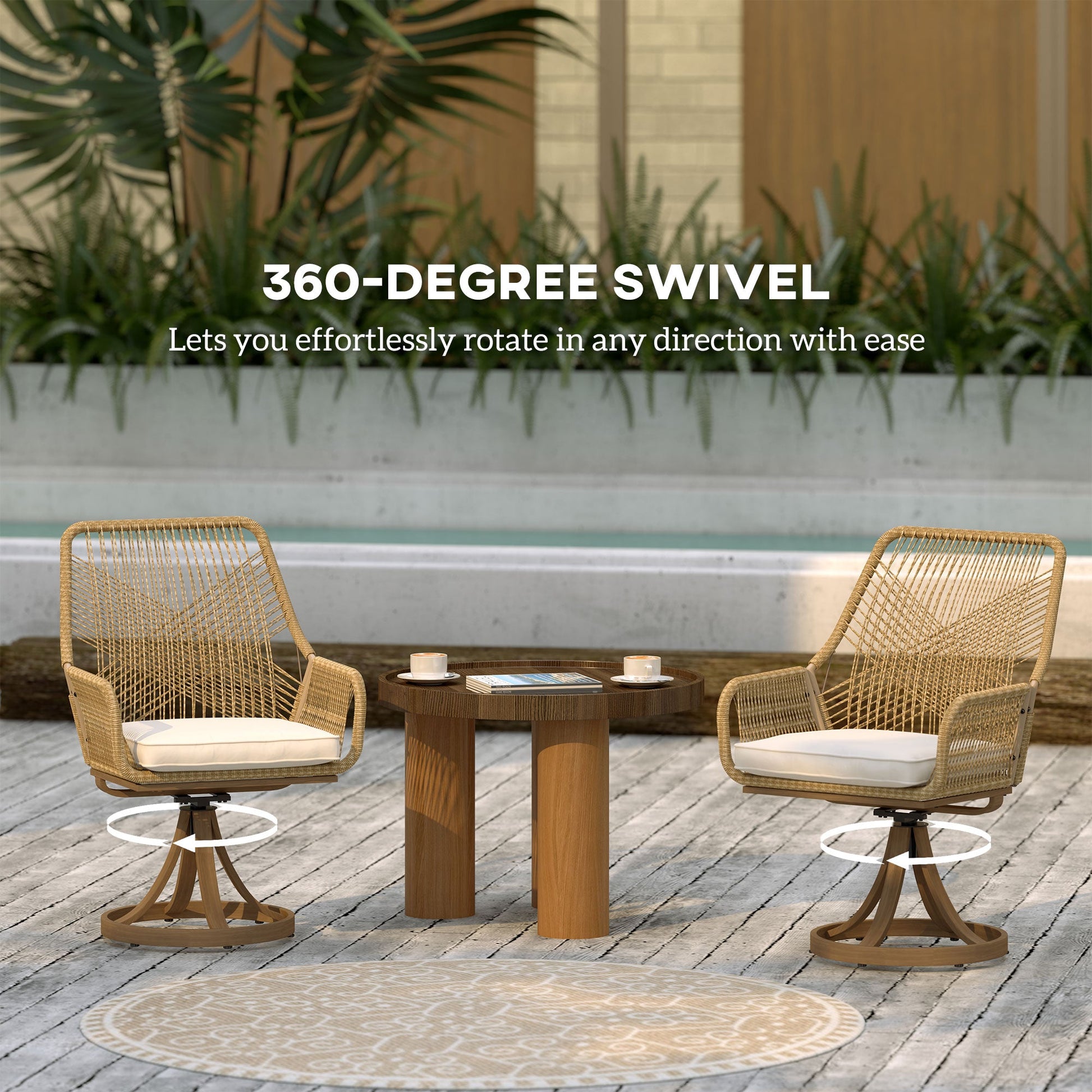 Patio Swivel Dining Chairs Set of 2, Outdoor Rattan Chairs with Soft Cushions and Metal Frame for Deck, Garden, Backyard, Poolside, Khaki