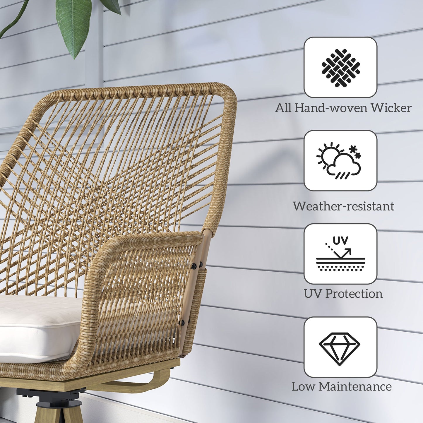 Patio Swivel Dining Chairs Set of 2, Outdoor Rattan Chairs with Soft Cushions and Metal Frame for Deck, Garden, Backyard, Poolside, Khaki