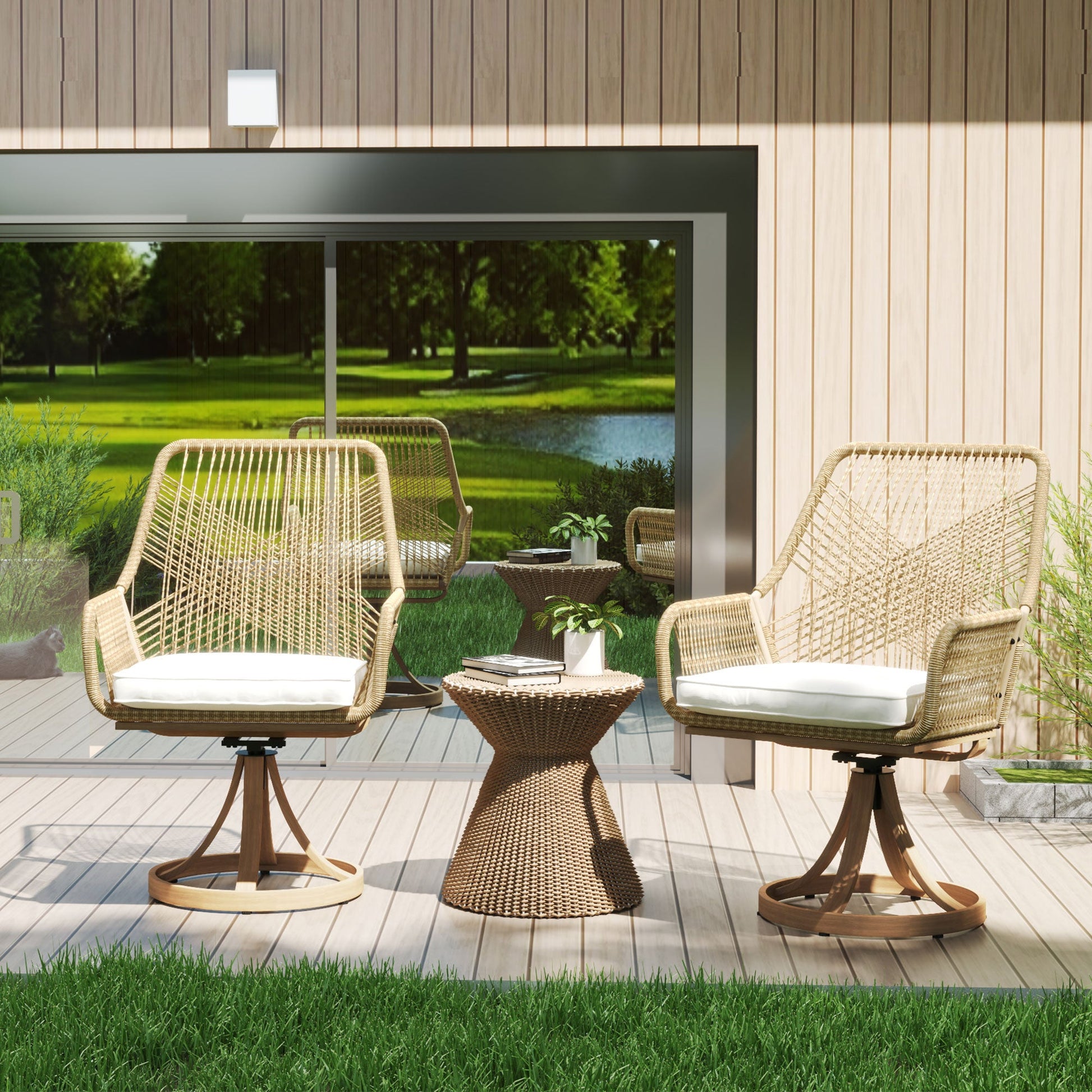Patio Swivel Dining Chairs Set of 2, Outdoor Rattan Chairs with Soft Cushions and Metal Frame for Deck, Garden, Backyard, Poolside, Khaki