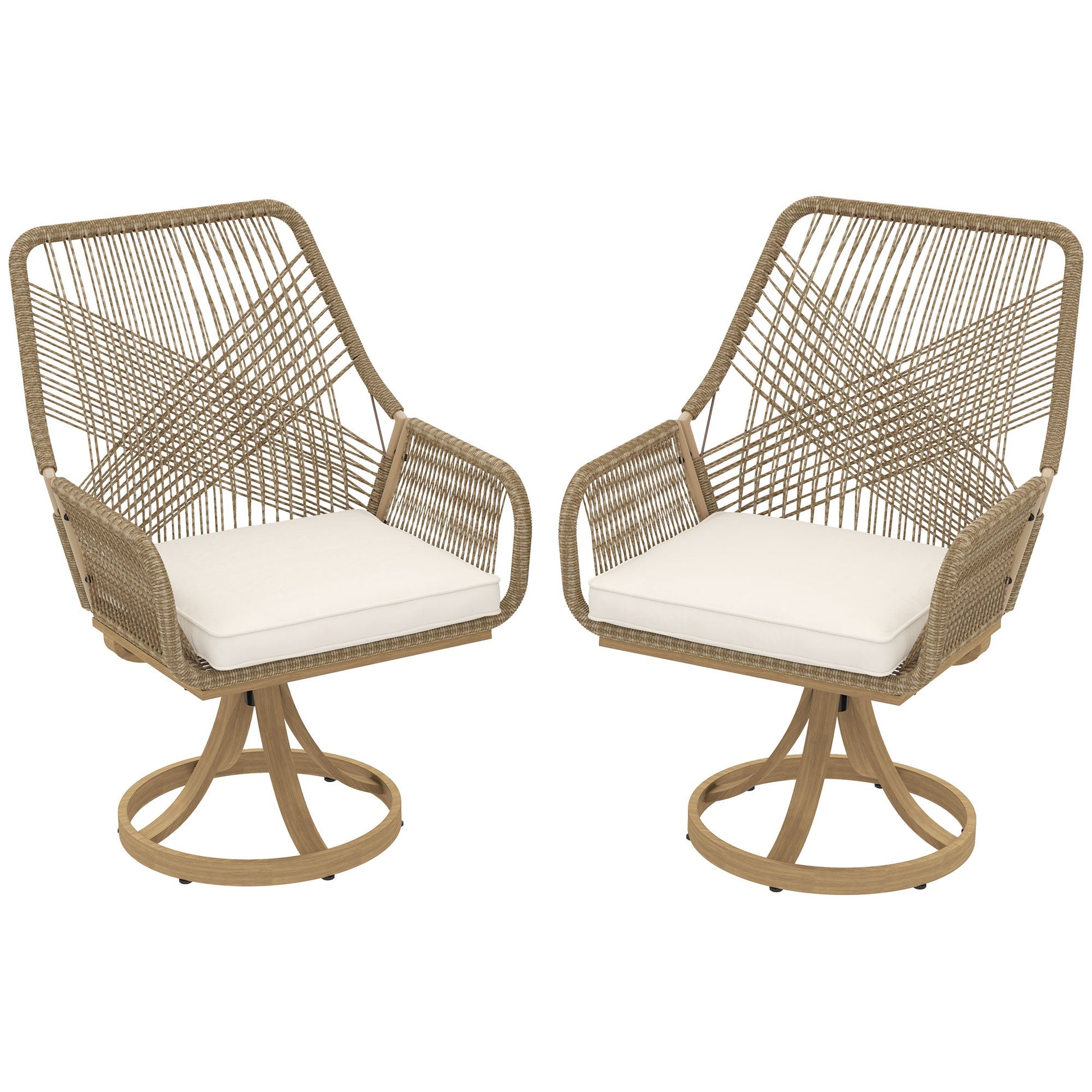 Patio Swivel Dining Chairs Set of 2, Outdoor Rattan Chairs with Soft Cushions and Metal Frame for Deck, Garden, Backyard, Poolside, Khaki