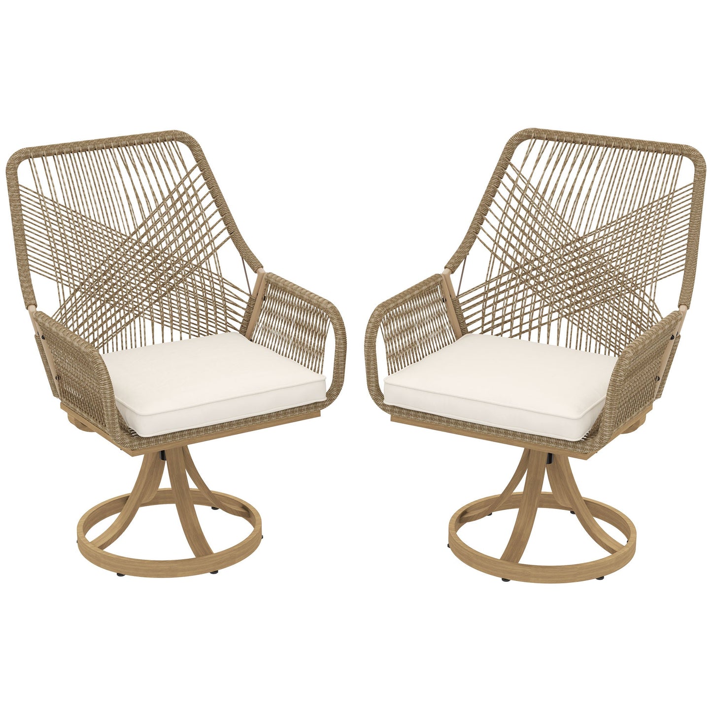 Patio Swivel Dining Chairs Set of 2, Outdoor Rattan Chairs with Soft Cushions and Metal Frame for Deck, Garden, Backyard, Poolside, Khaki