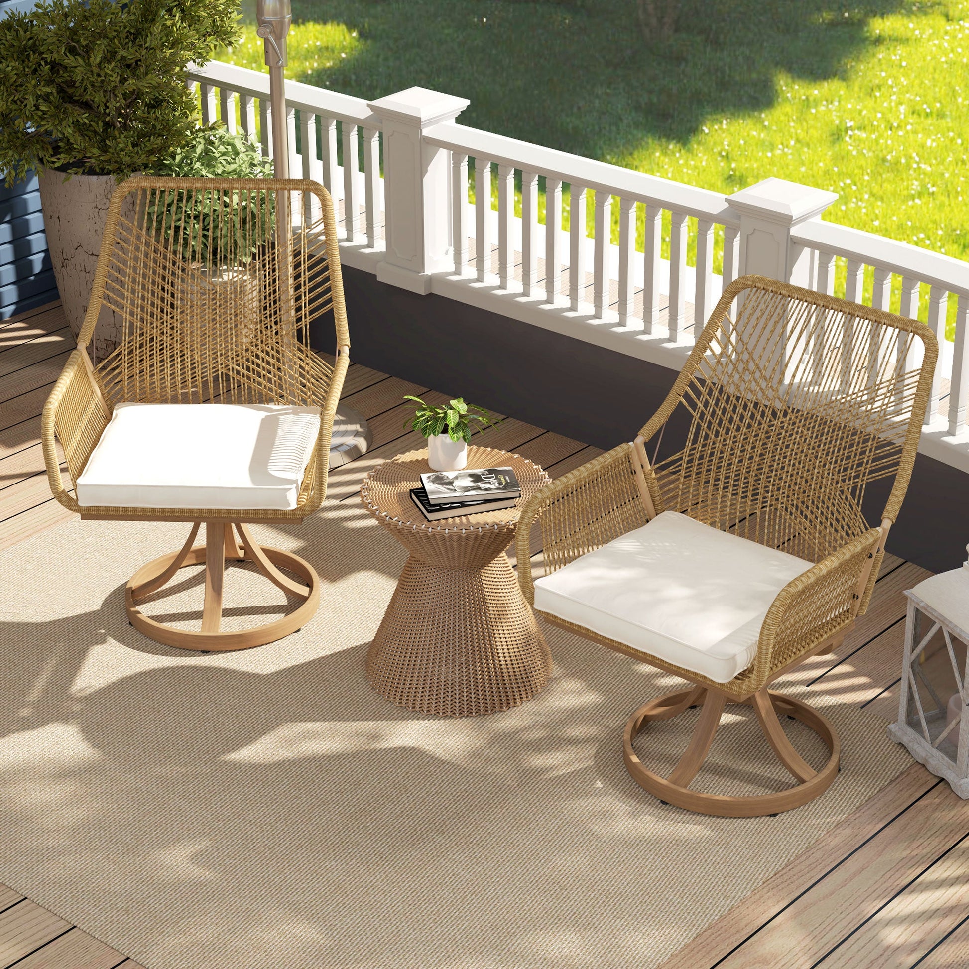 Patio Swivel Dining Chairs Set of 2, Outdoor Rattan Chairs with Soft Cushions and Metal Frame for Deck, Garden, Backyard, Poolside, Khaki