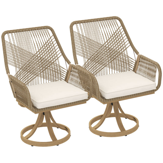 Patio Swivel Dining Chairs Set of 2, Outdoor Rattan Chairs with Soft Cushions and Metal Frame for Deck, Garden, Backyard, Poolside, Khaki