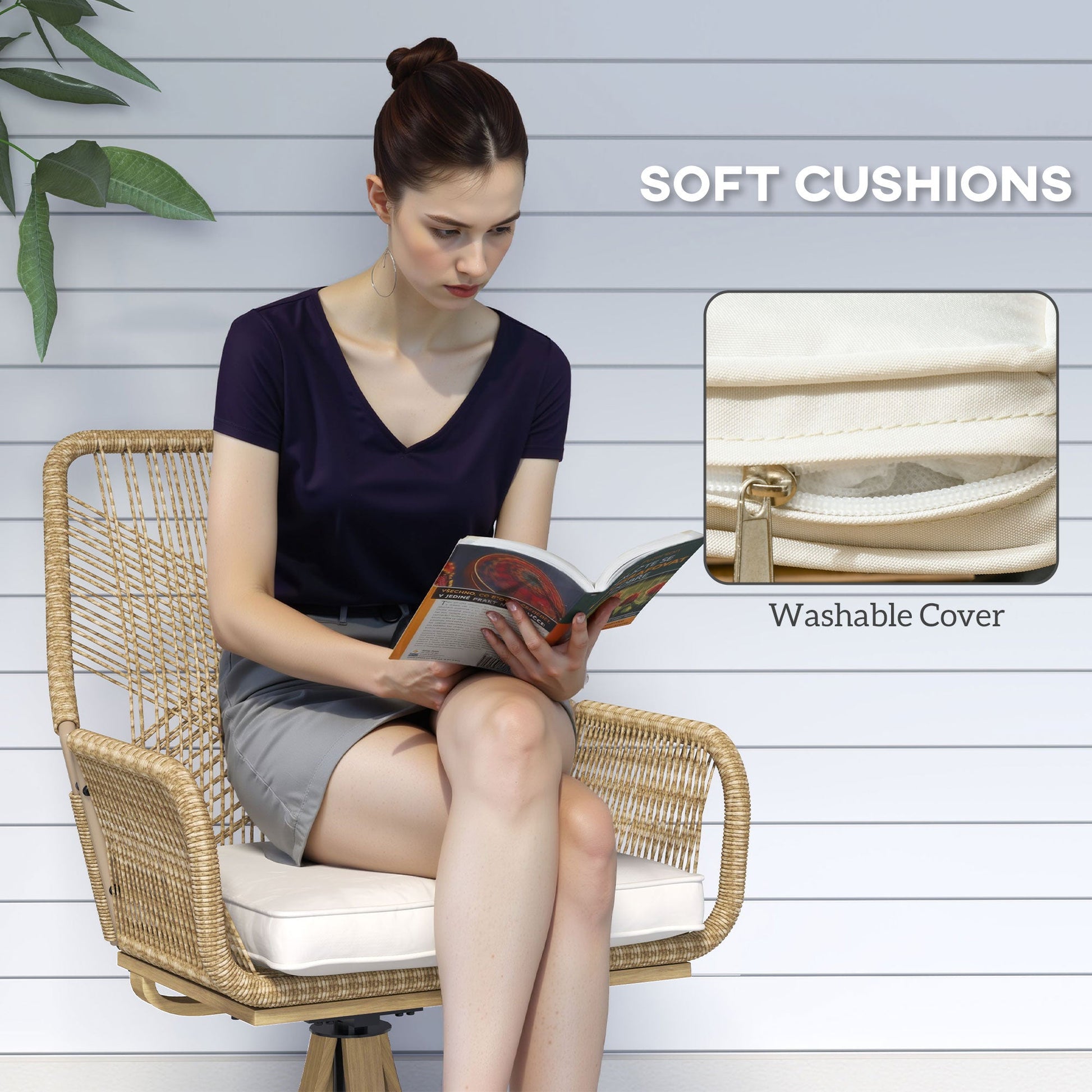 Patio Swivel Dining Chairs Set of 2, Outdoor Rattan Chairs with Soft Cushions and Metal Frame for Deck, Garden, Backyard, Poolside, Khaki