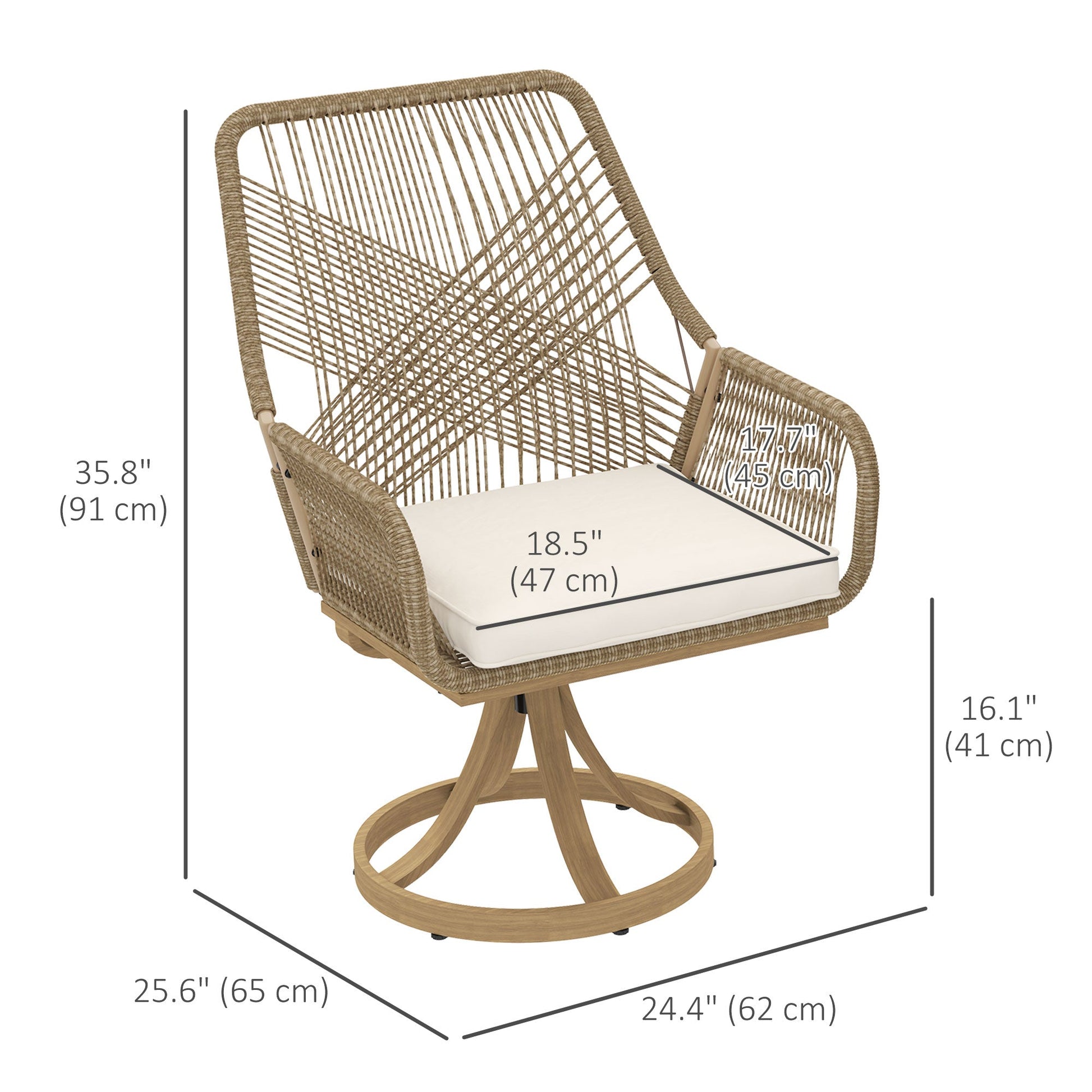 Patio Swivel Dining Chairs Set of 2, Outdoor Rattan Chairs with Soft Cushions and Metal Frame for Deck, Garden, Backyard, Poolside, Khaki
