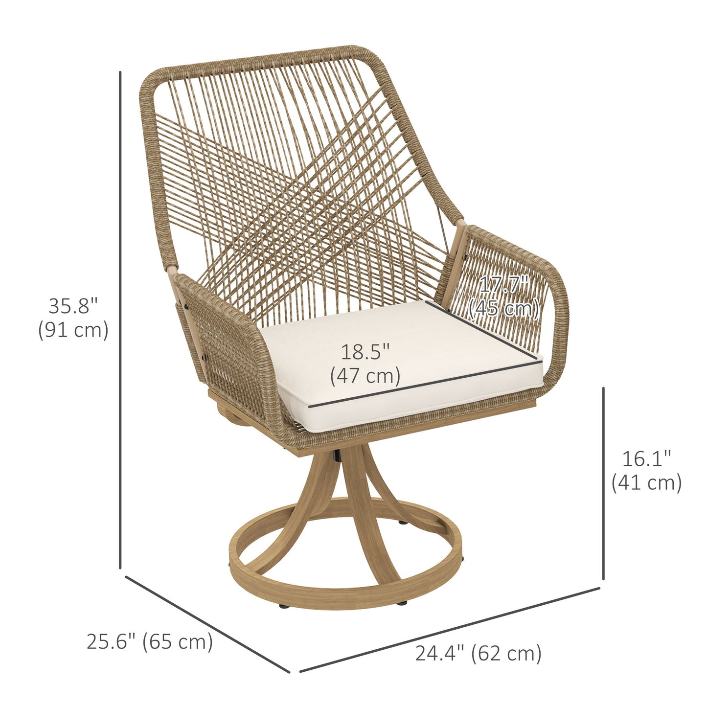 Patio Swivel Dining Chairs Set of 2, Outdoor Rattan Chairs with Soft Cushions and Metal Frame for Deck, Garden, Backyard, Poolside, Khaki